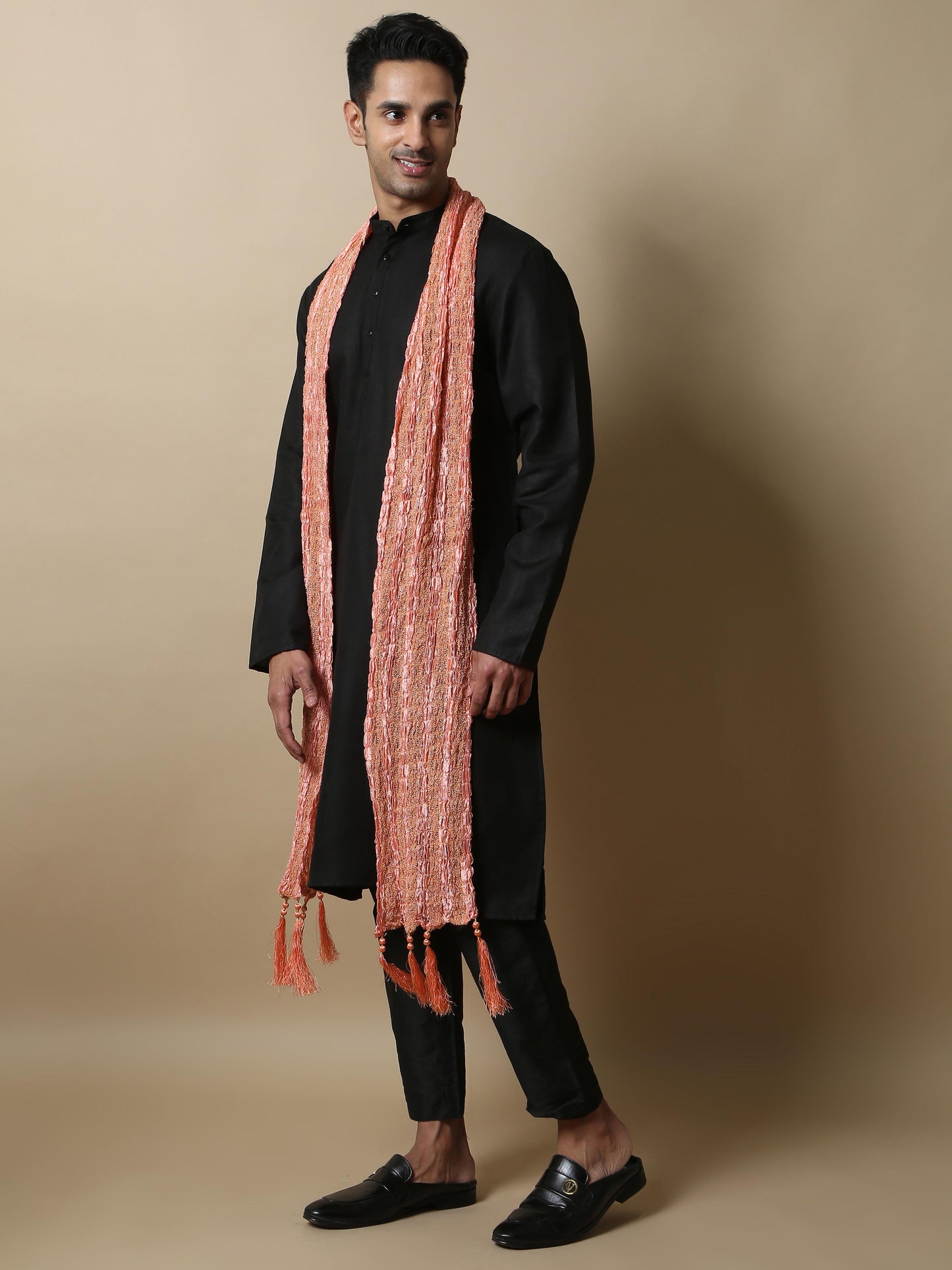 Crushed Peach Banarasi Stole for Men