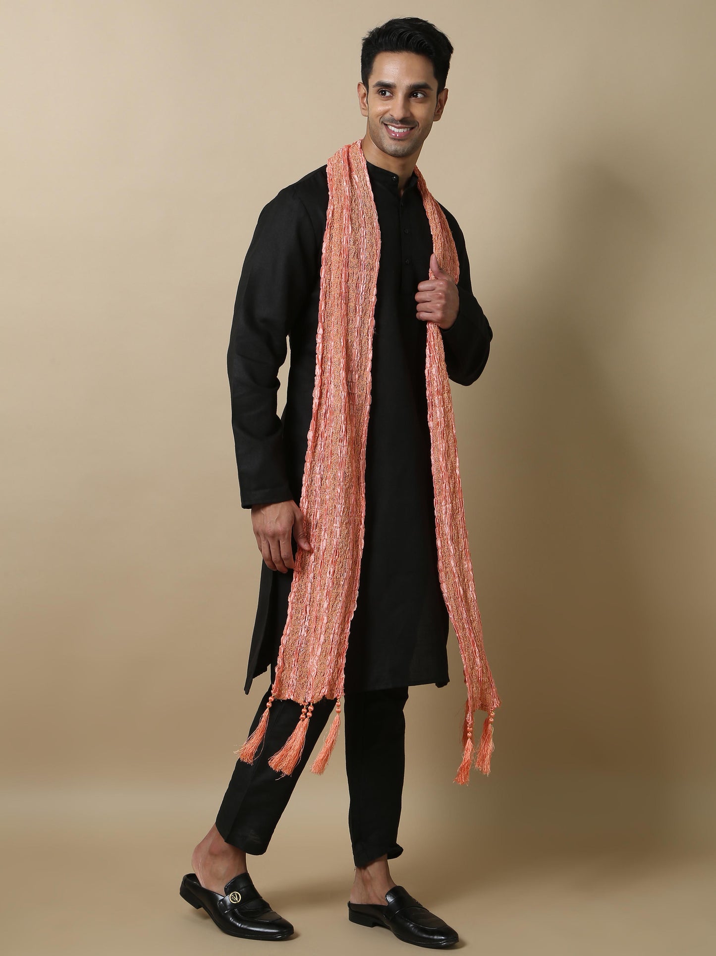 Crushed Peach Banarasi Stole for Men