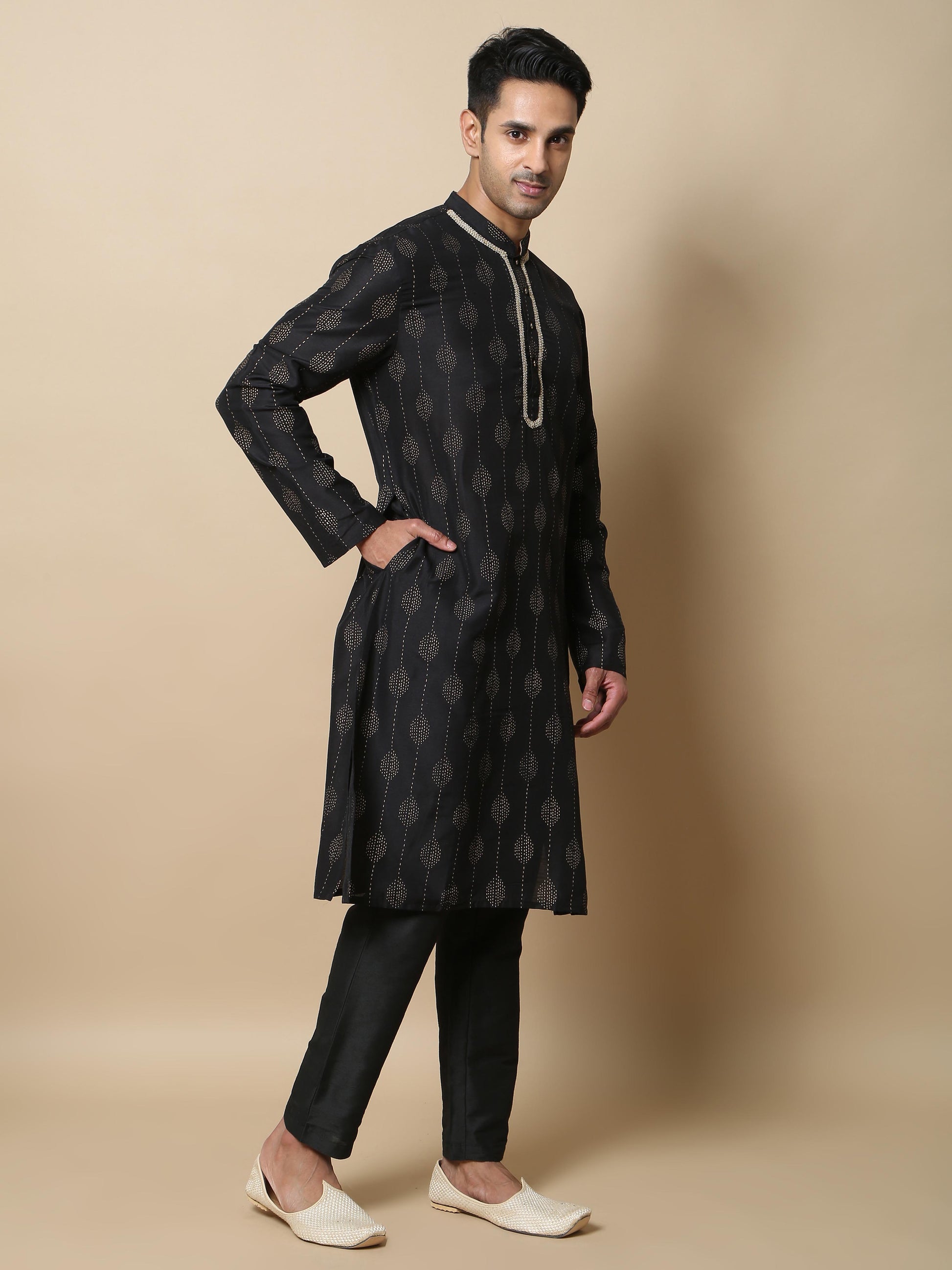 Black with Gold Khadi men's long kurtas 