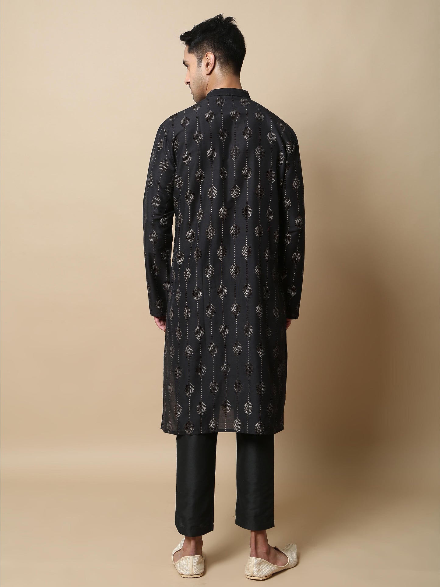 Black with Gold Khadi men's long kurtas 