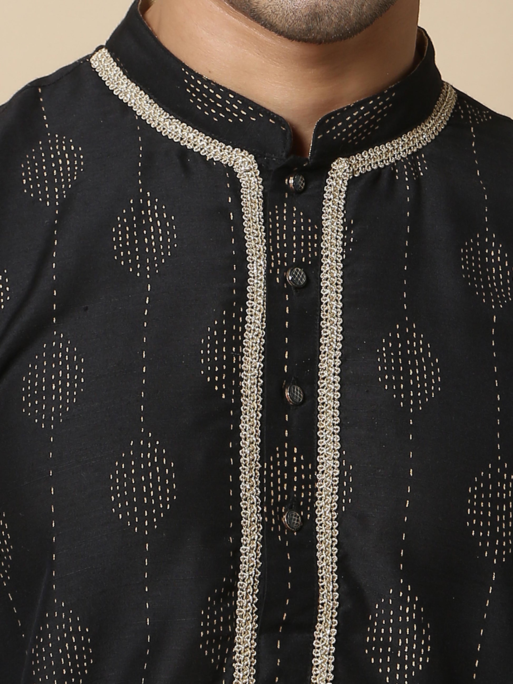 Black with Gold Khadi men's long kurtas 