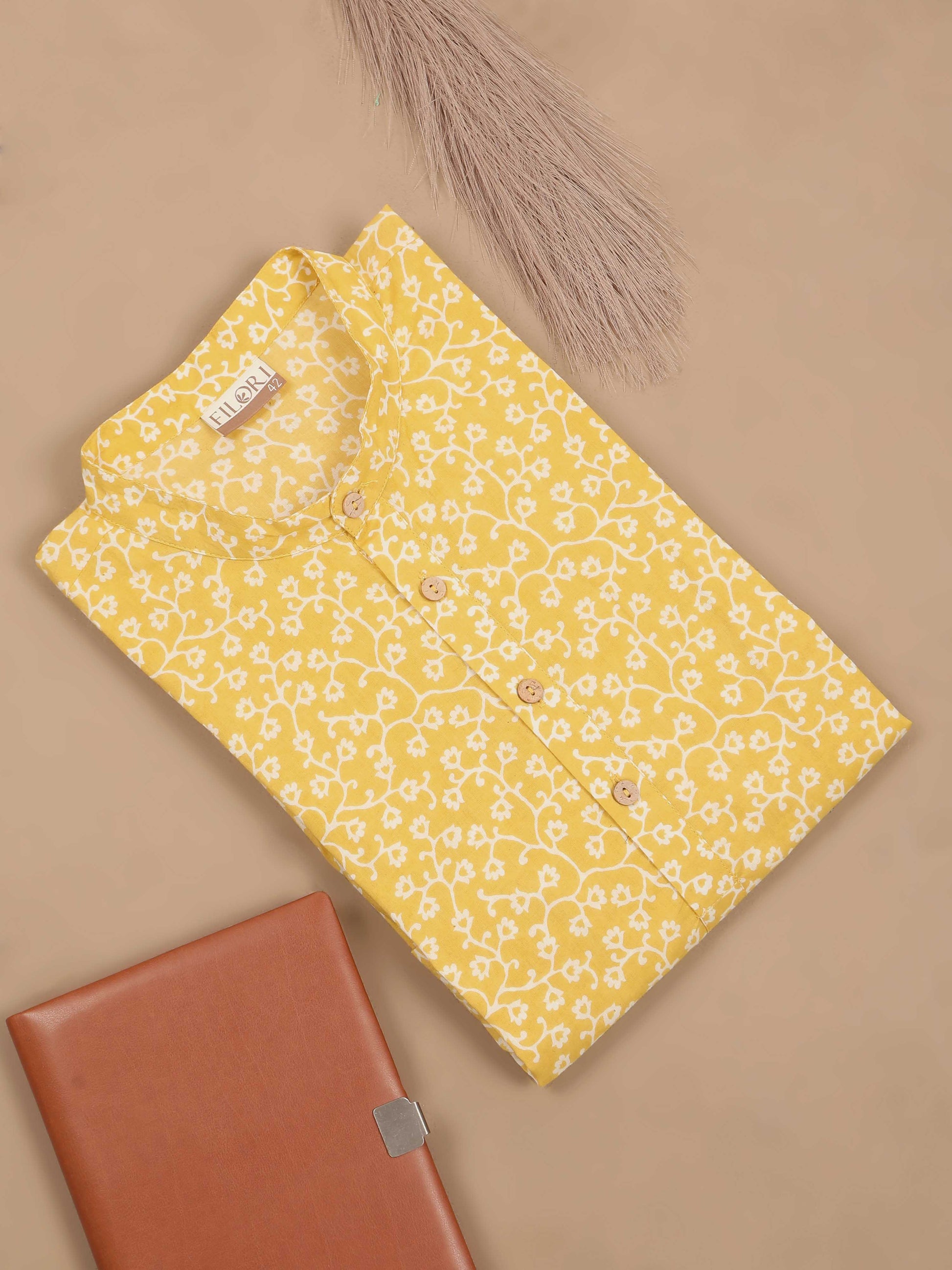 Floral Jaipur Print Long Yellow Kurta for Men