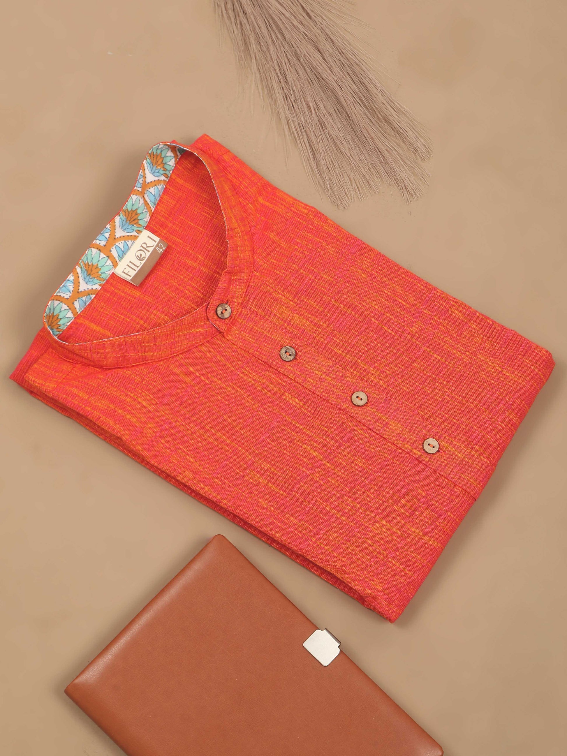 Orange Cotton Long Kurta For Men