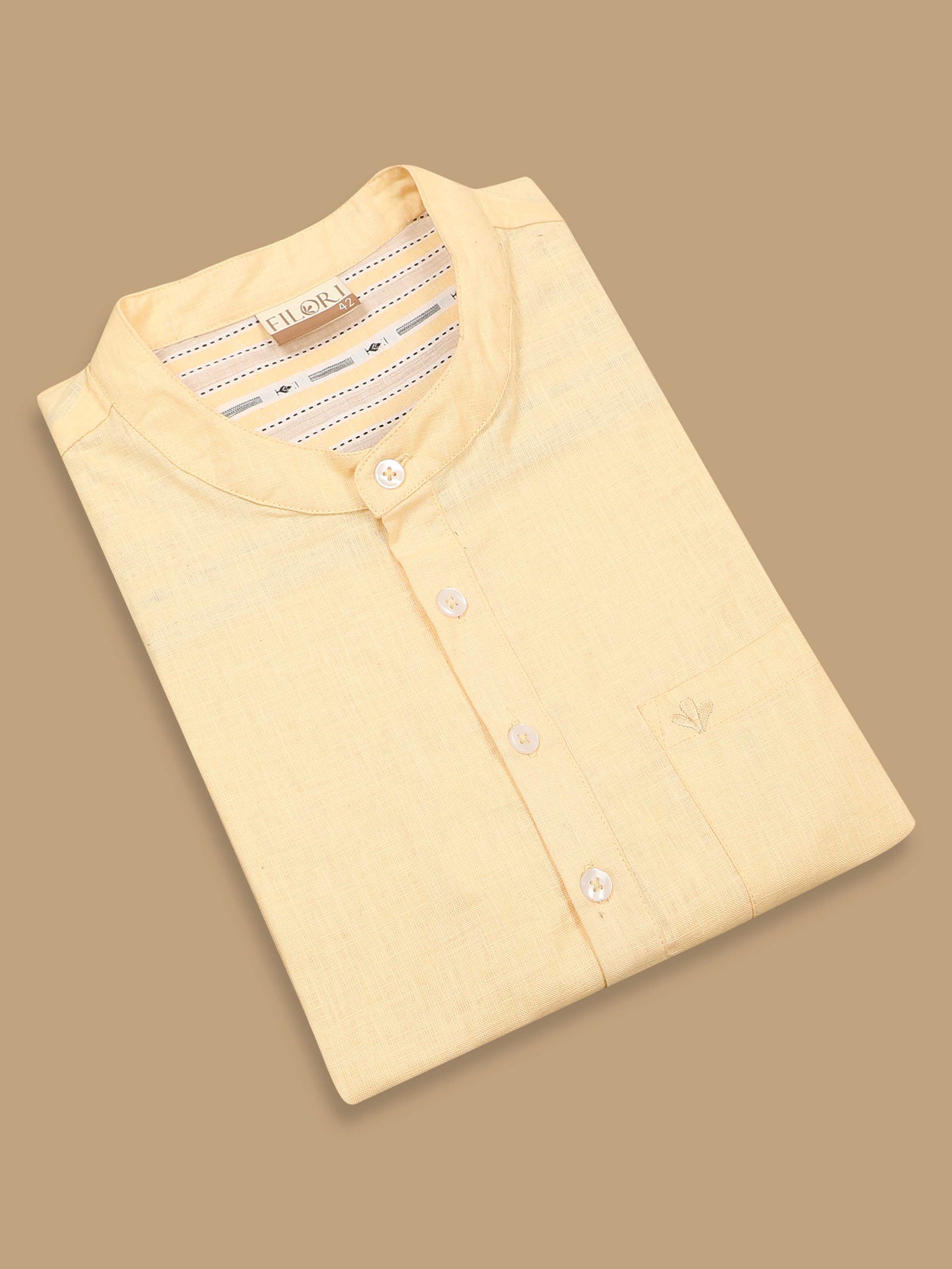 Lemon Yellow Cotton Short Kurta For Men