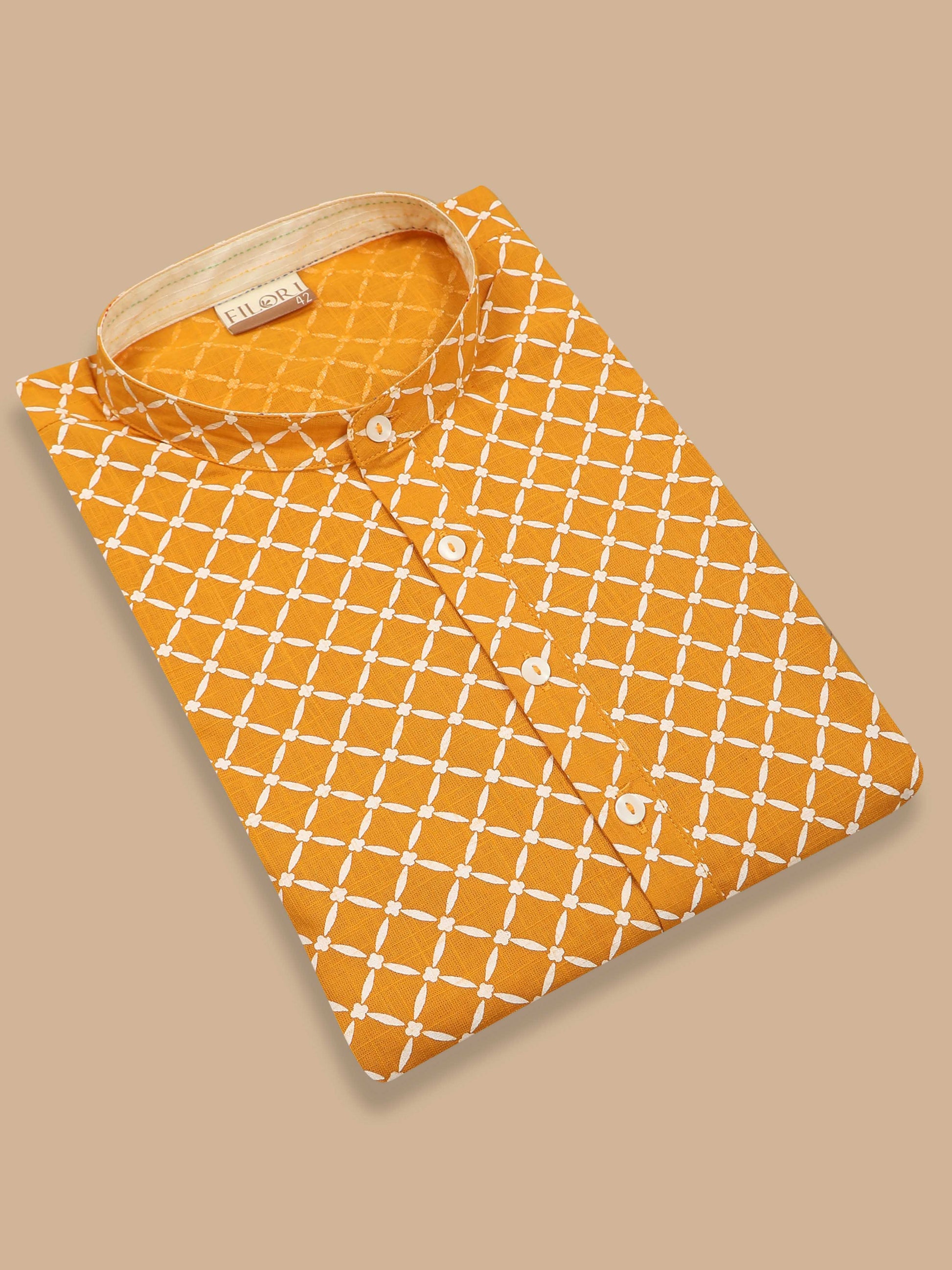 Yellow and White Printed Short Kurta for Men