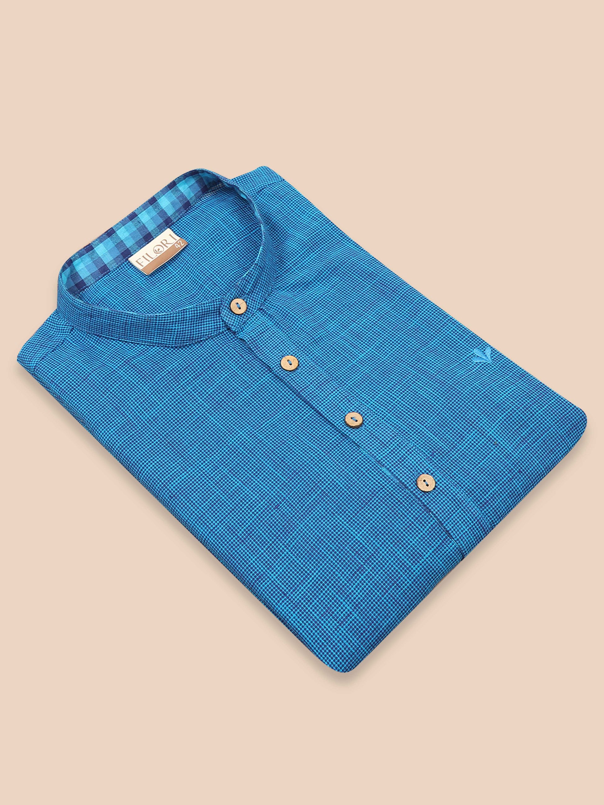 Royal Blue Cotton Short Kurta For Men