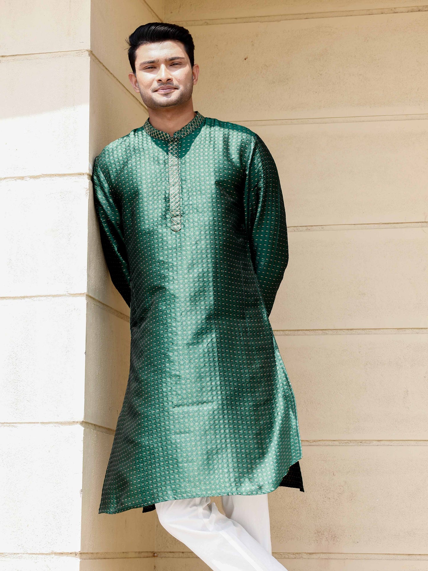 Bottle Green With Gold Embroidered Knee Length Kurta For Men