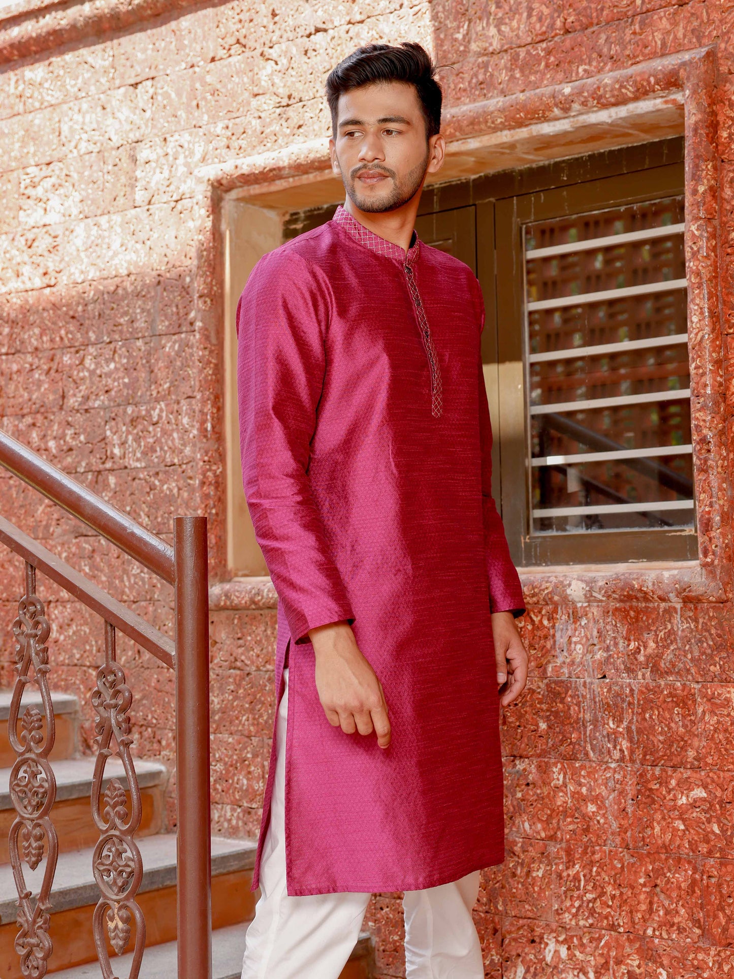 Rani Pink Embroidered Long Kurta