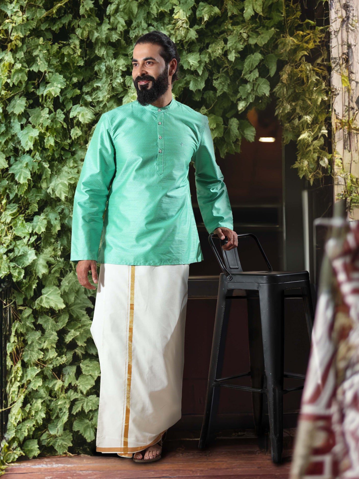 Parrot Green Banarasi Dobby Short Kurta