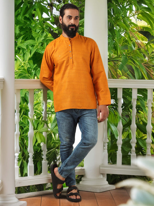 Golden Yellow Self Textured Short Kurta