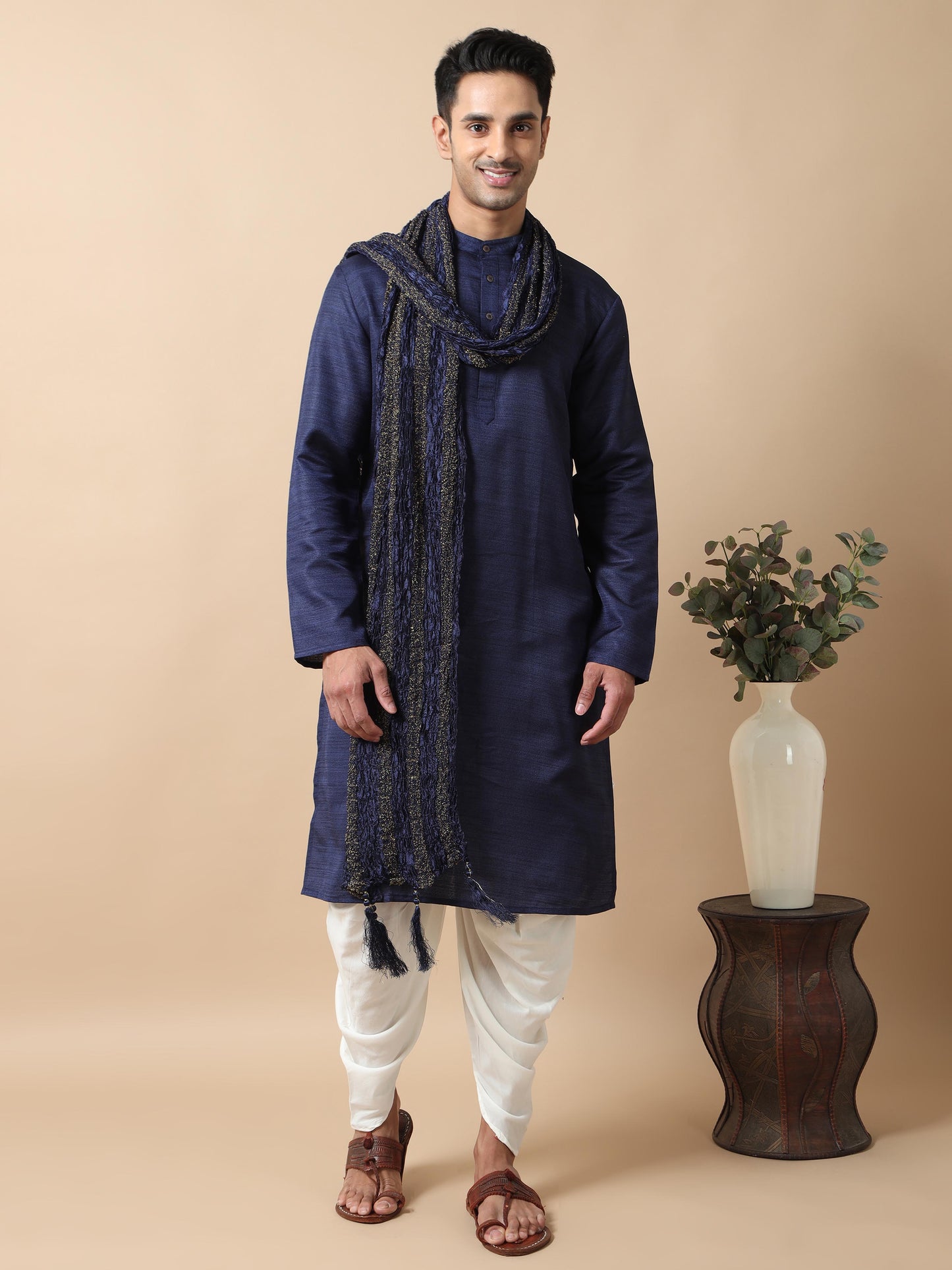 Navy Blue Textured knee length kurta