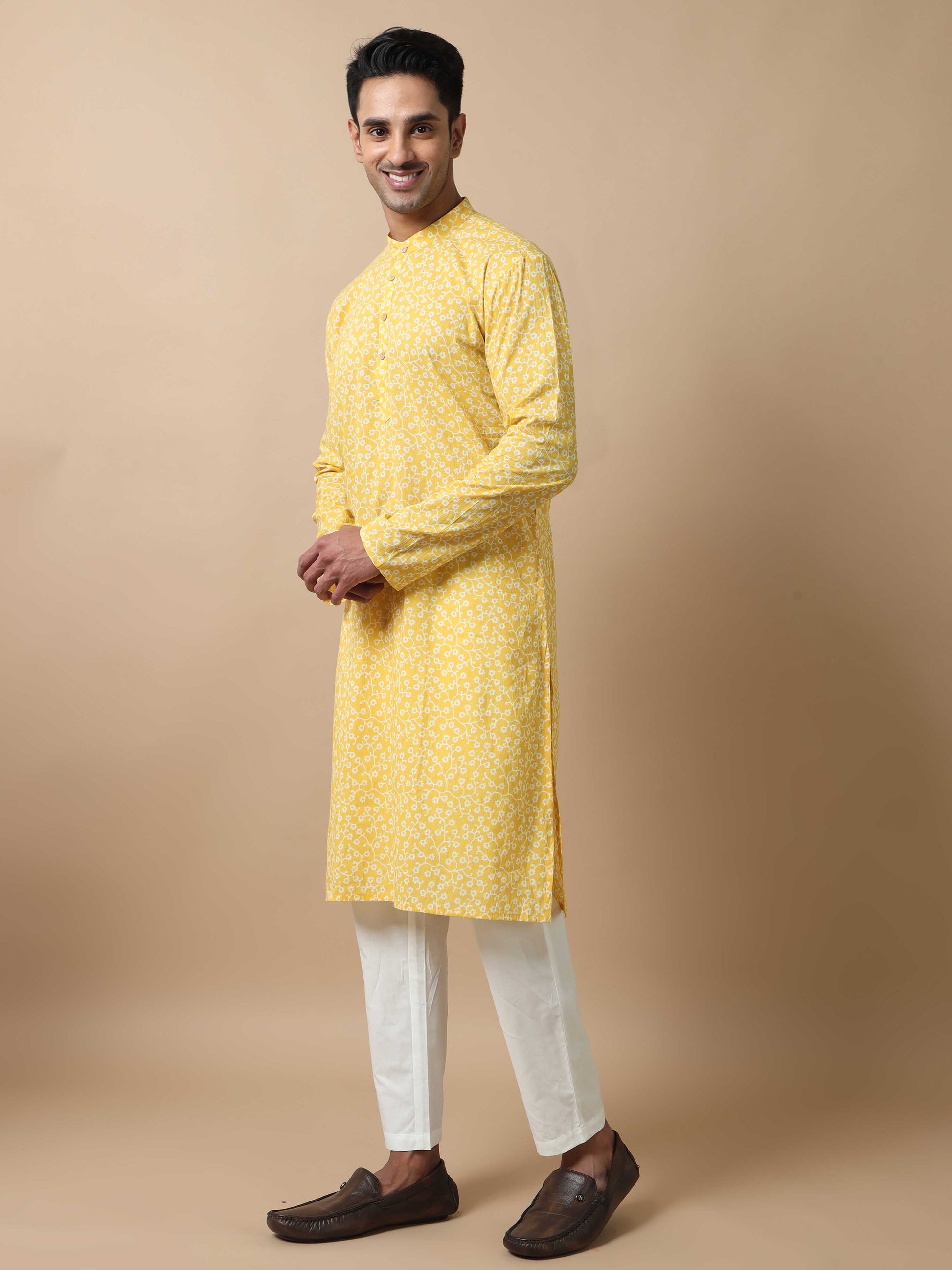 Floral Jaipur Print Long Yellow Kurta for Men