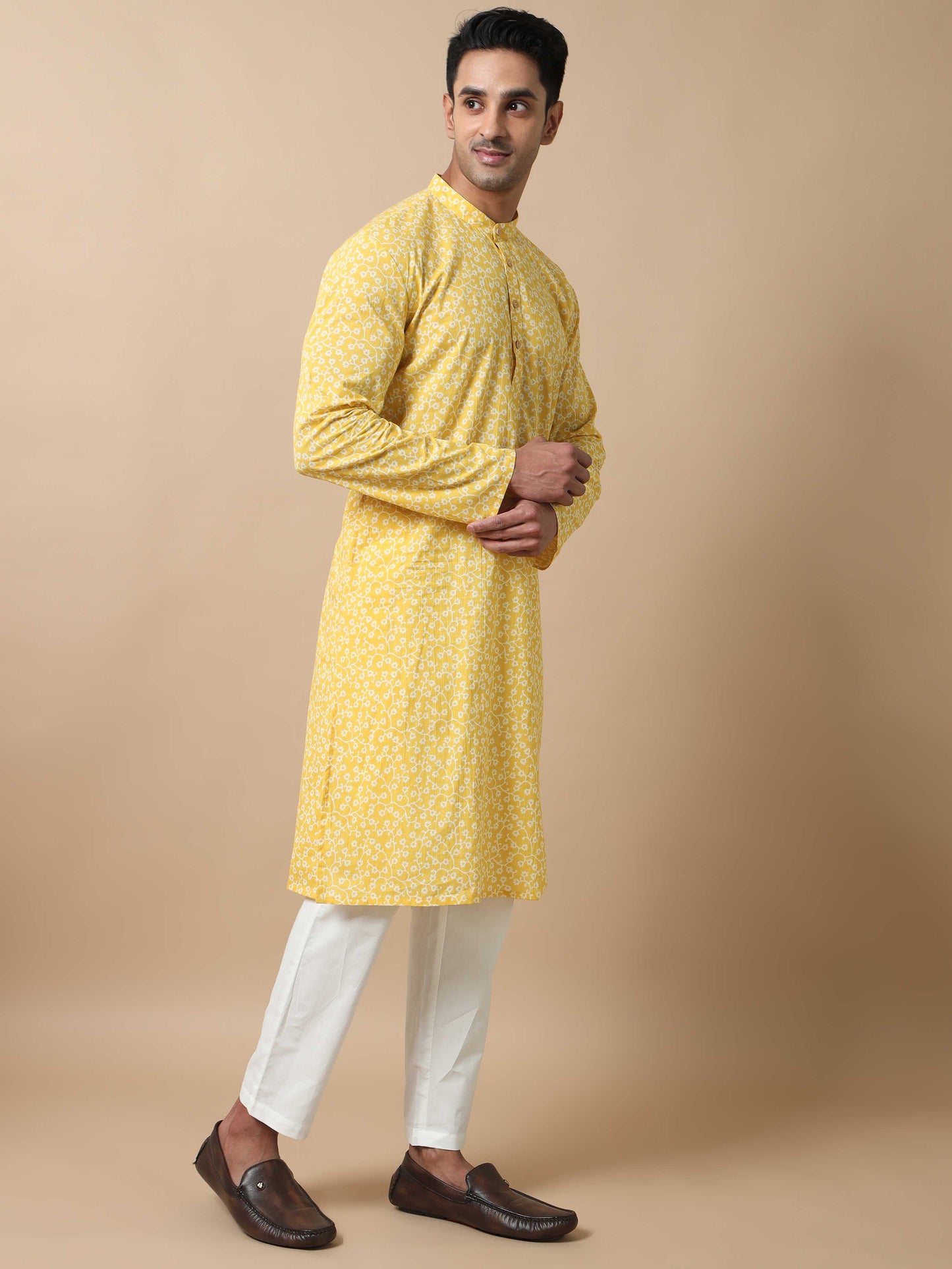 Floral Jaipur Print Long Yellow Kurta for Men