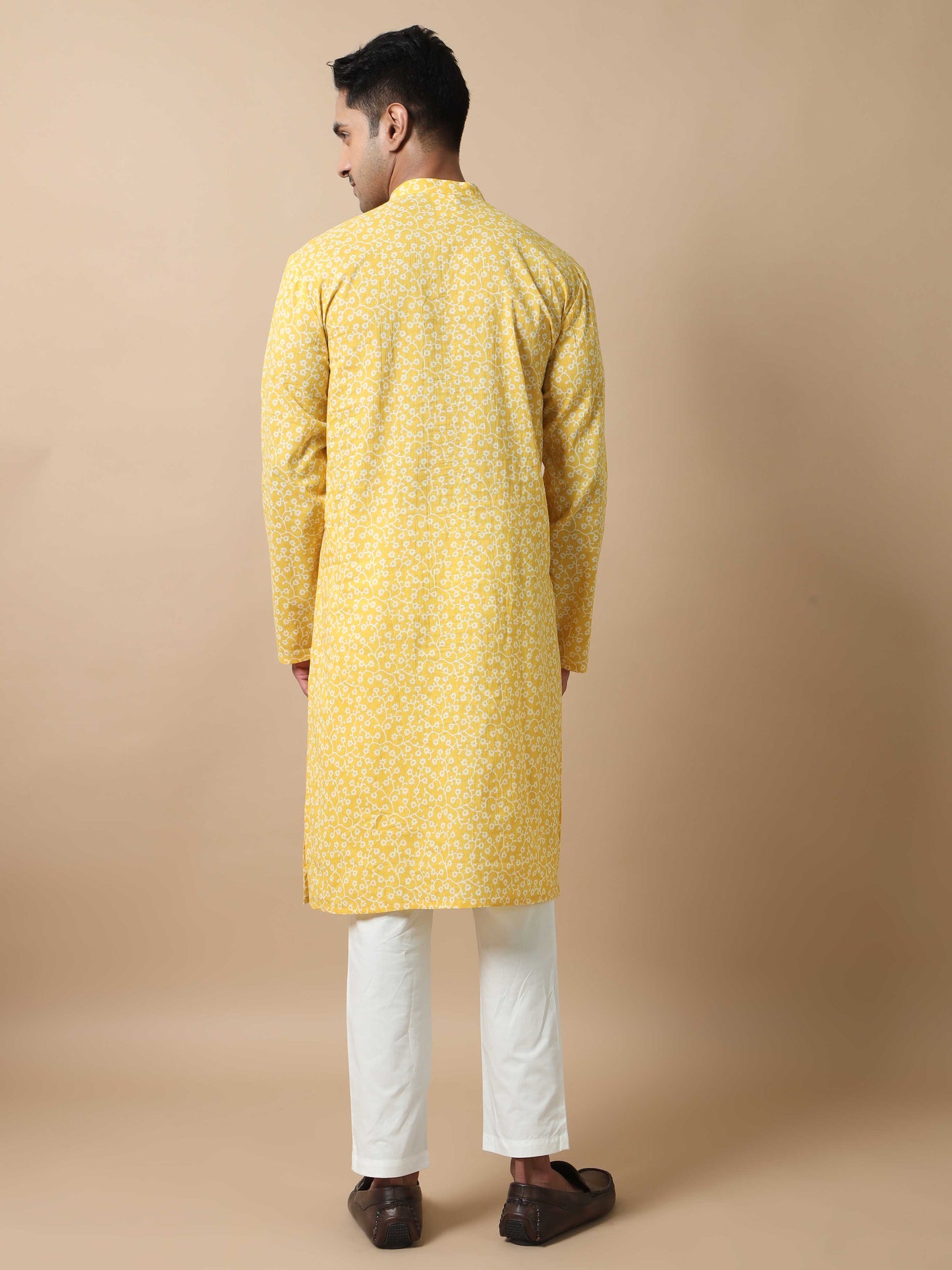 Floral Jaipur Print Long Yellow Kurta for Men