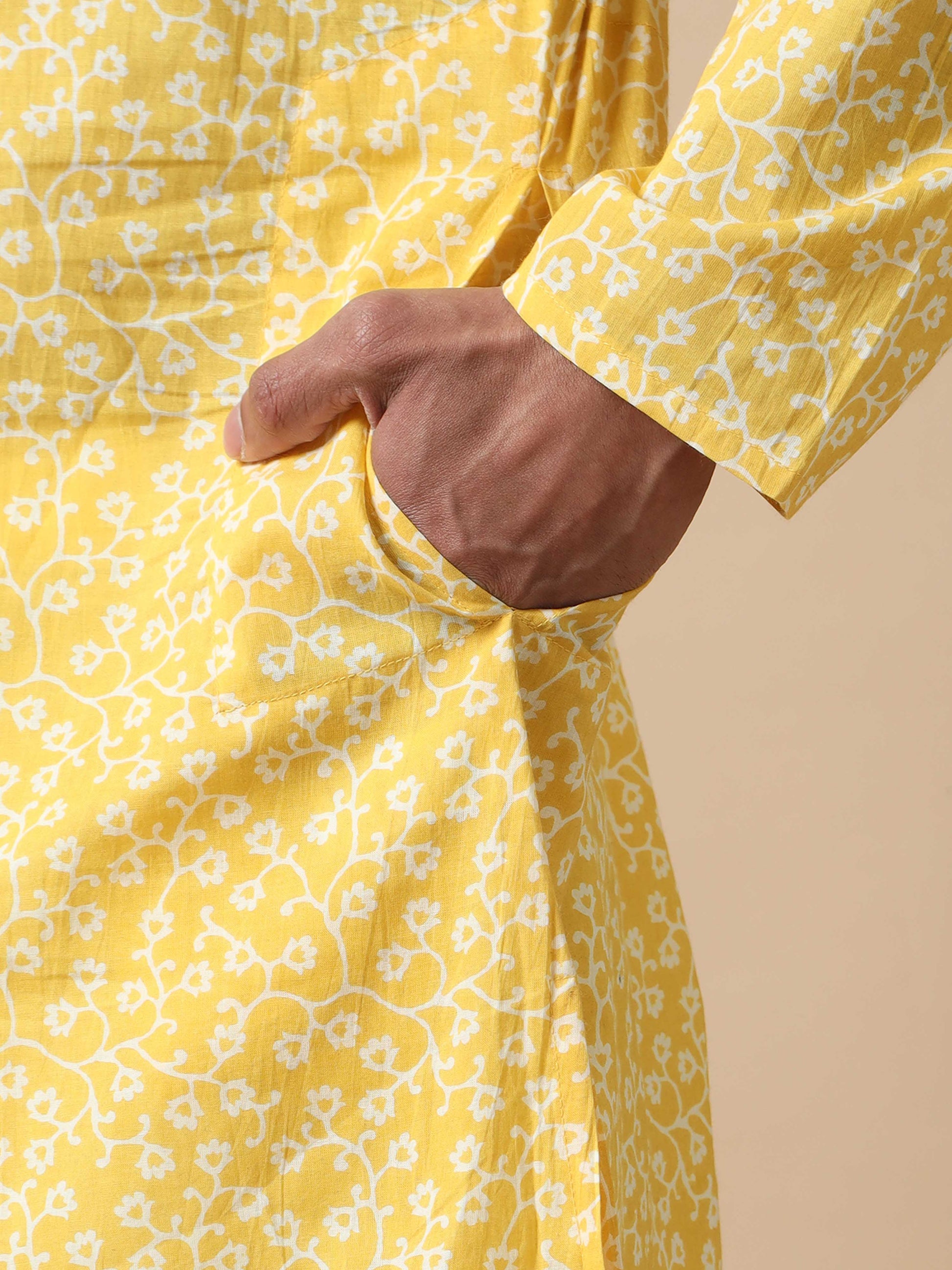 Floral Jaipur Print Long Yellow Kurta for Men