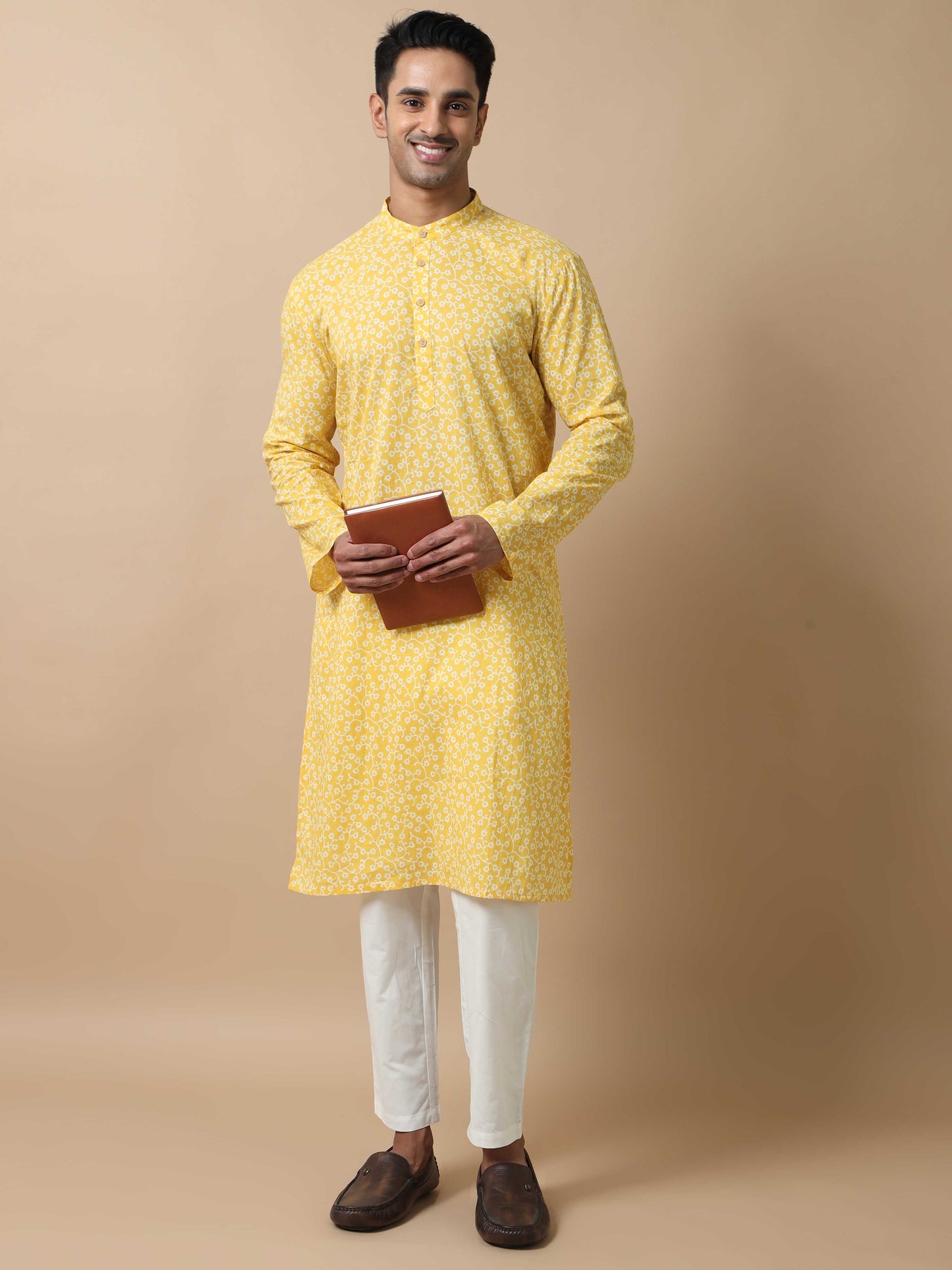 Floral Jaipur Print Long Yellow Kurta for Men