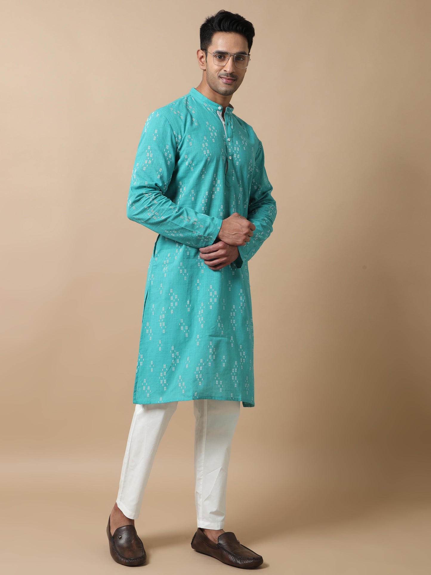 Teal Printed Jaipuri full sleeve kurtas for men