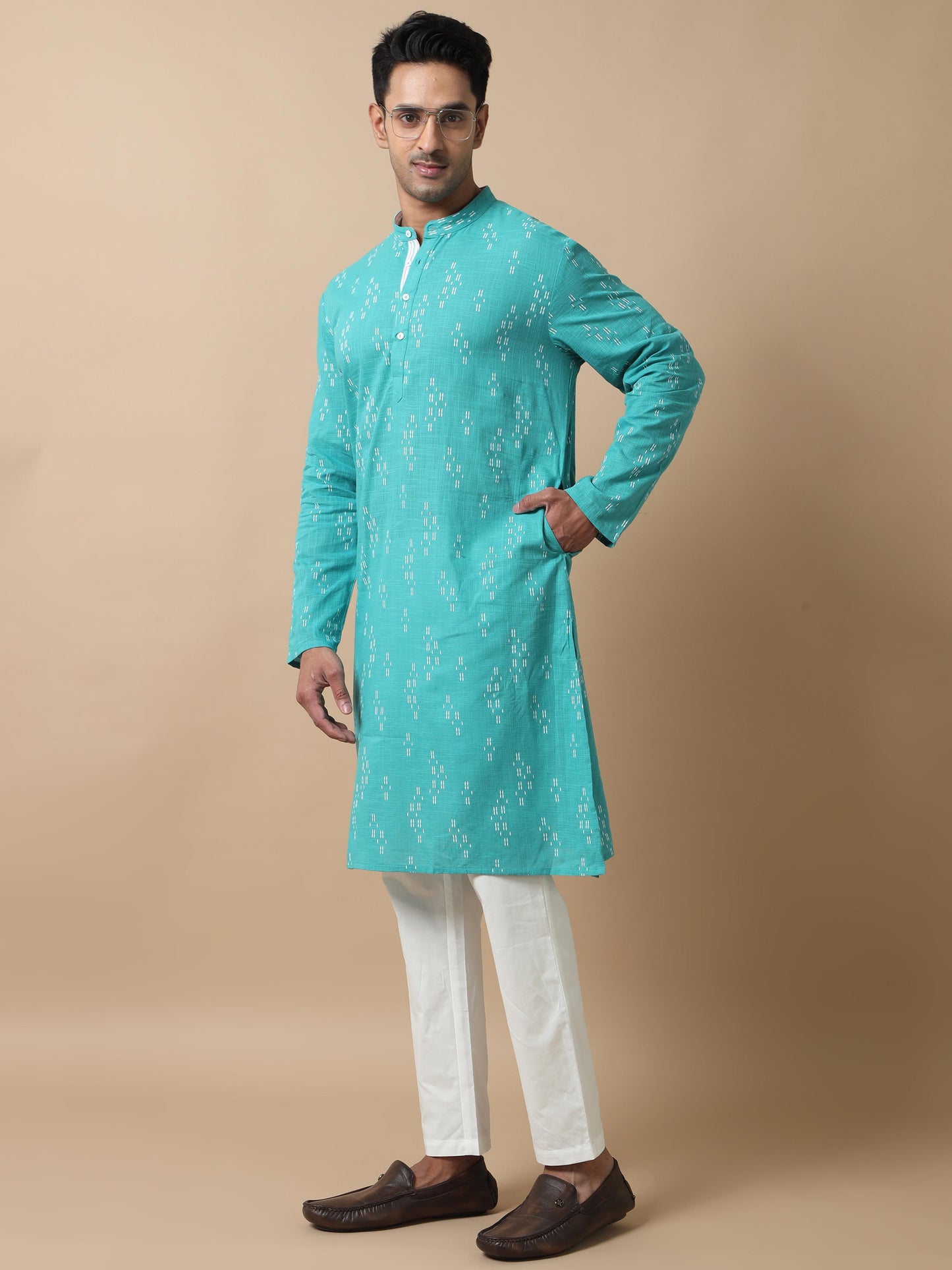 Teal Printed Jaipuri full sleeve kurtas for men