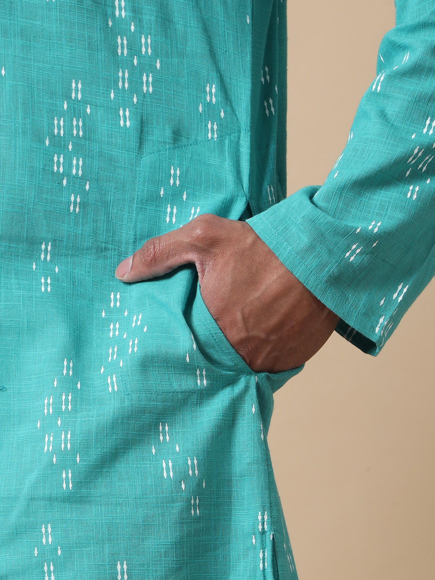 Teal Printed Jaipuri full sleeve kurtas for men