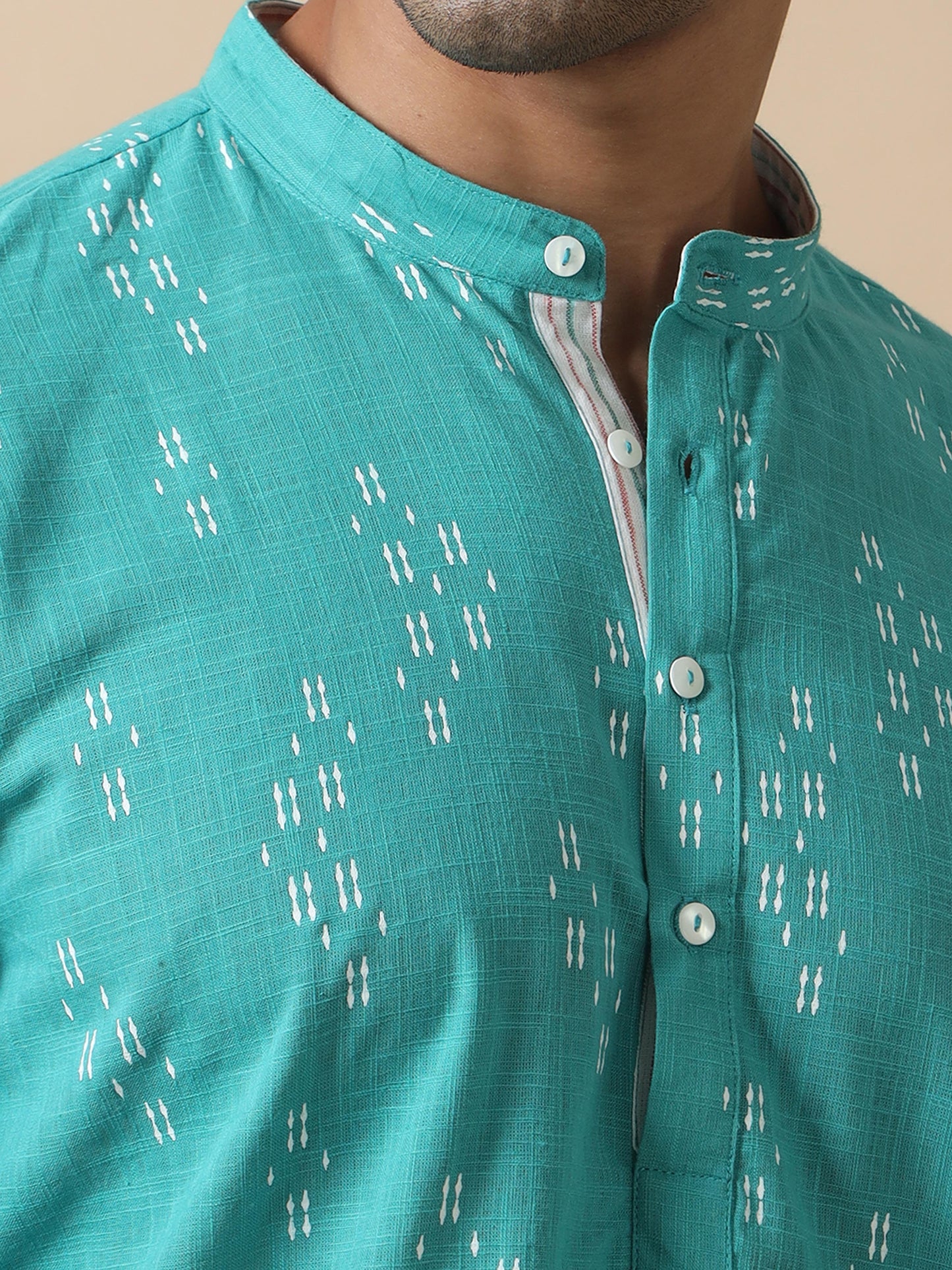 Teal Printed Jaipuri full sleeve kurtas for men