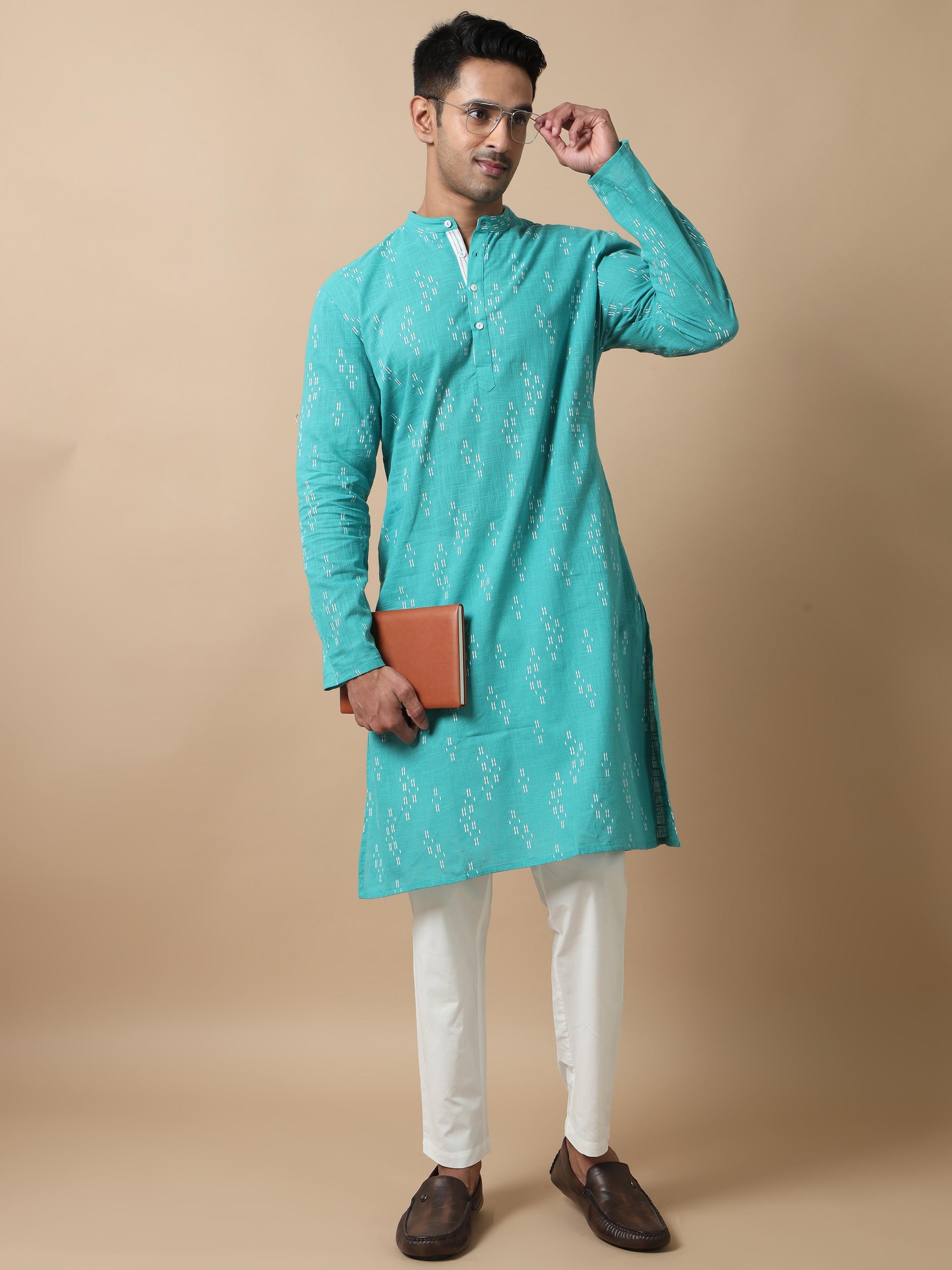 Teal Printed Jaipuri full sleeve kurtas for men