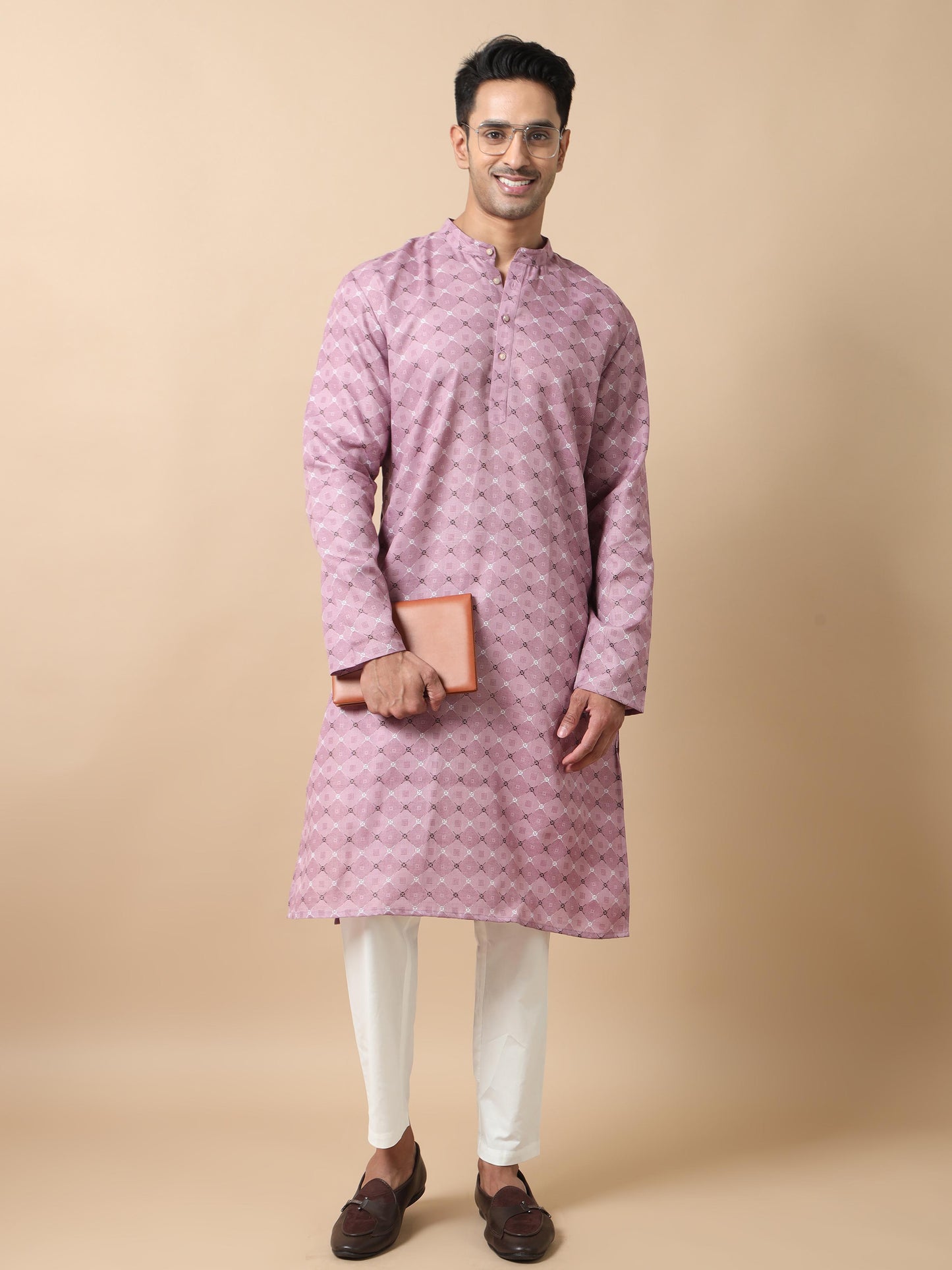 Fabric Lavender Printed Long Kurta for Men