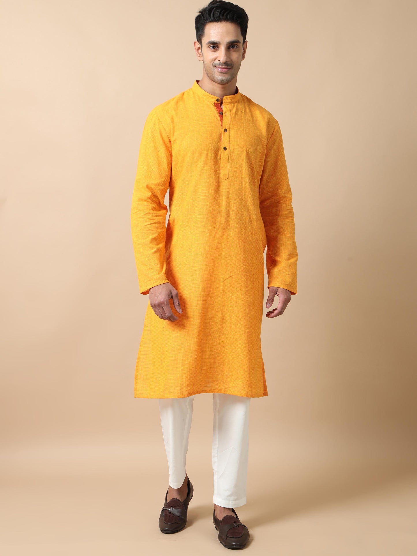 Sunshine Yellow Cotton Long Kurta For Men