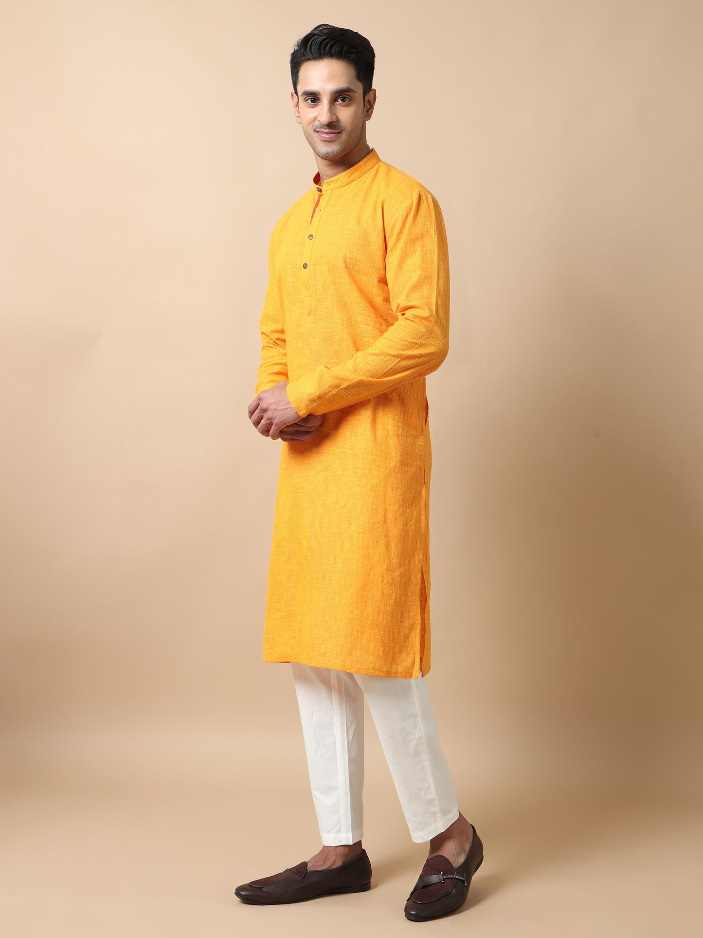 Sunshine Yellow Cotton Long Kurta For Men