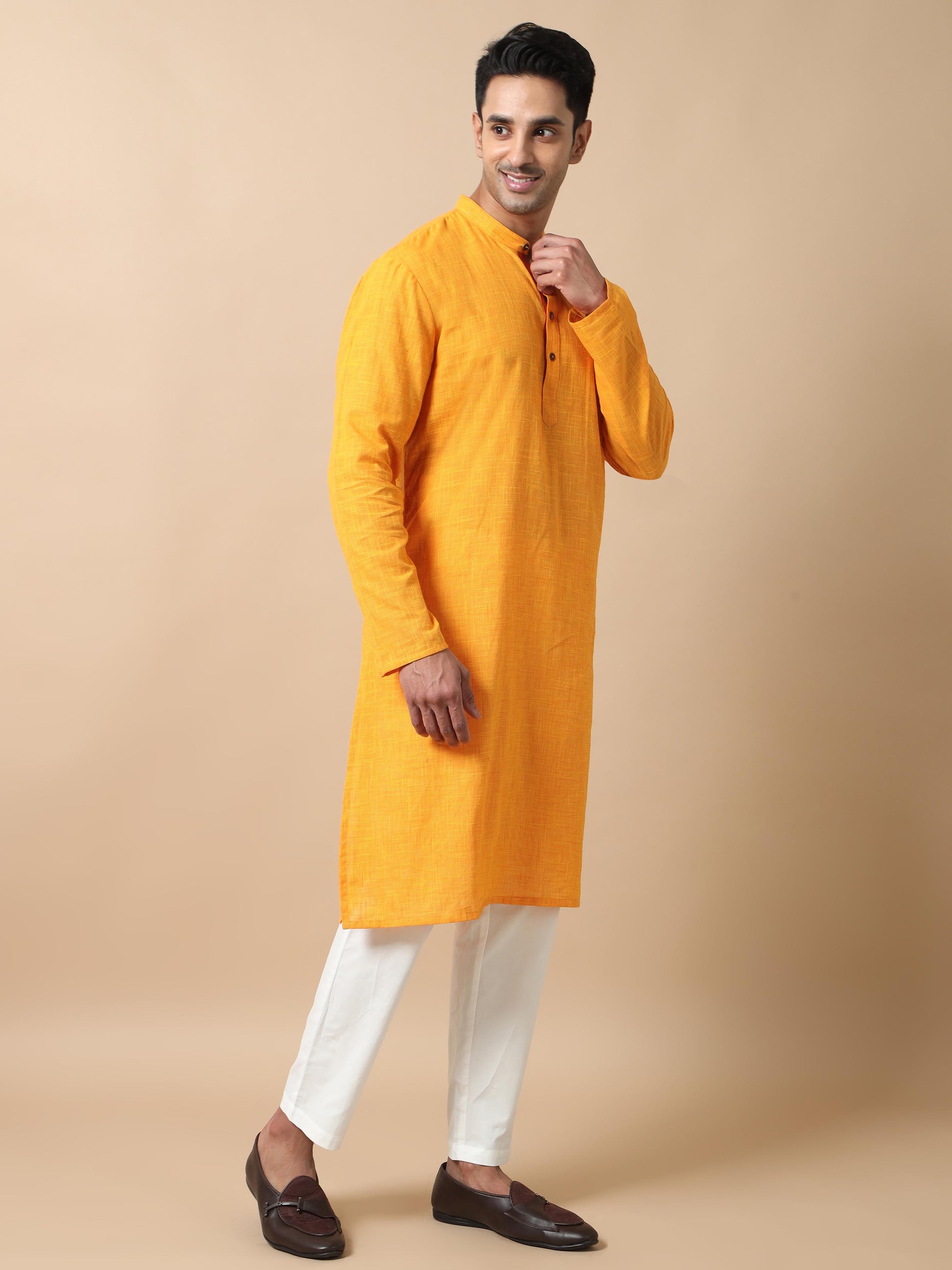 Sunshine Yellow Cotton Long Kurta For Men