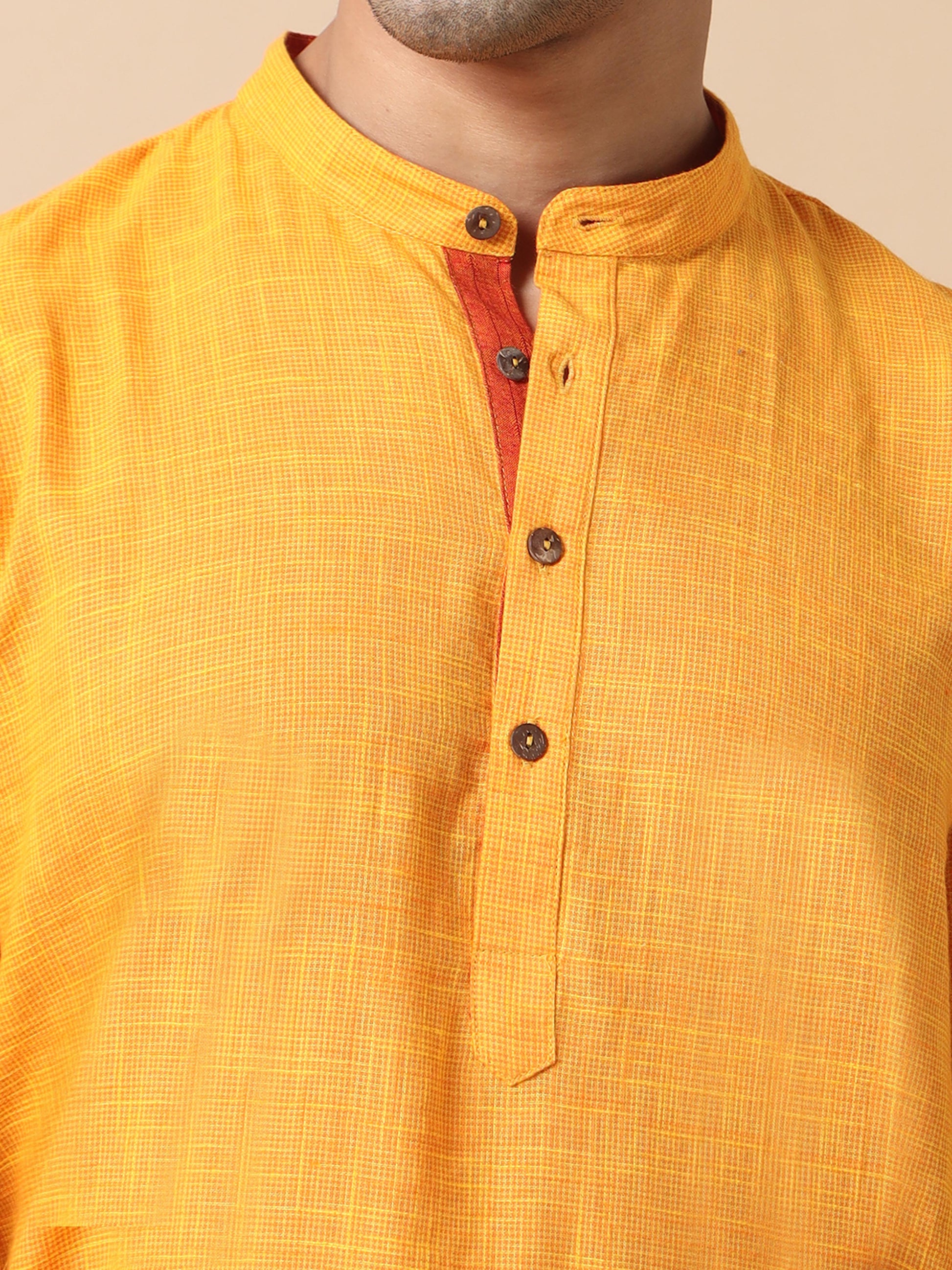 Sunshine Yellow Cotton Long Kurta For Men