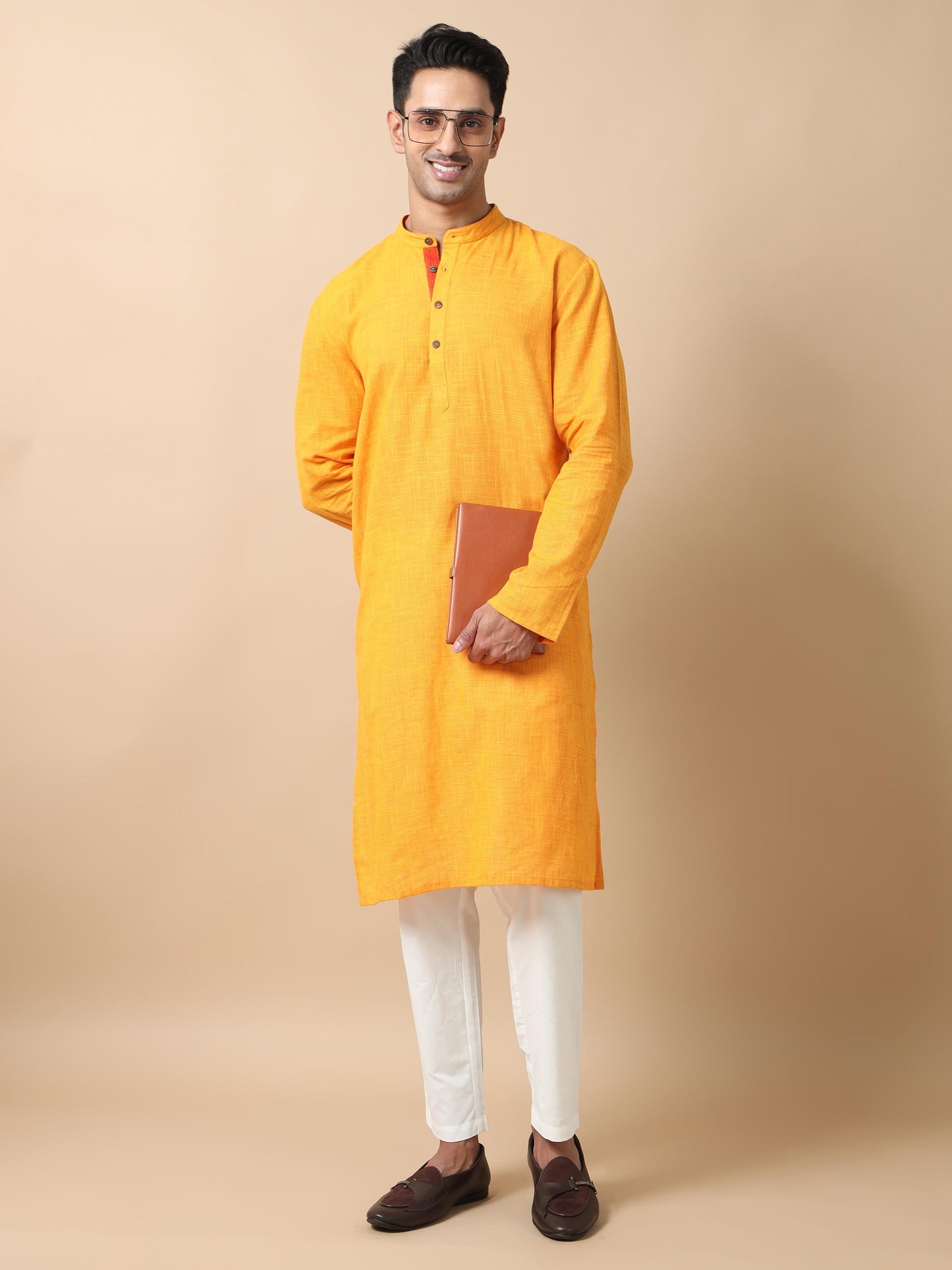 Sunshine Yellow Cotton Long Kurta For Men