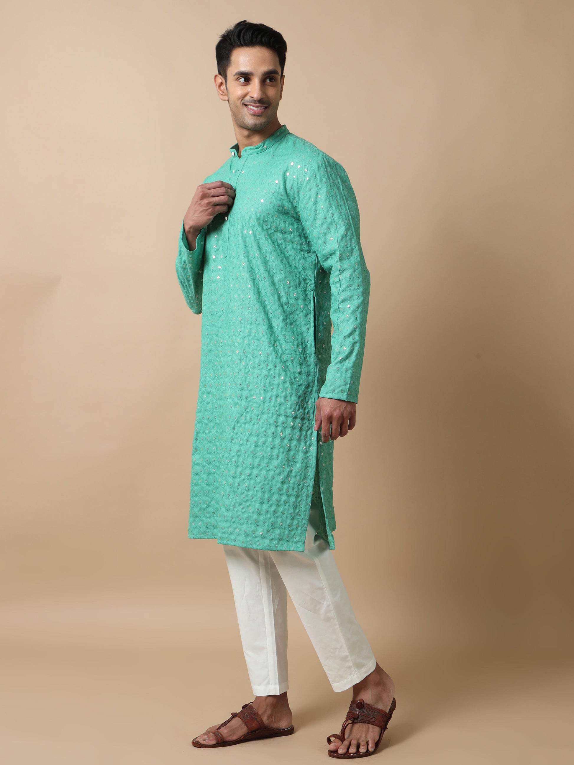 Green Sequence Embroidery Knee Length Kurta for Men