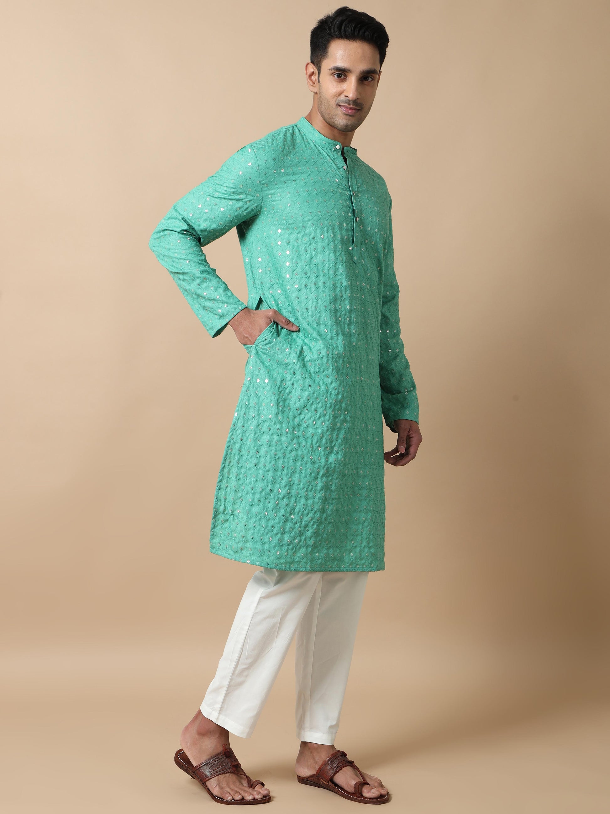 Green Sequence Embroidery Knee Length Kurta for Men