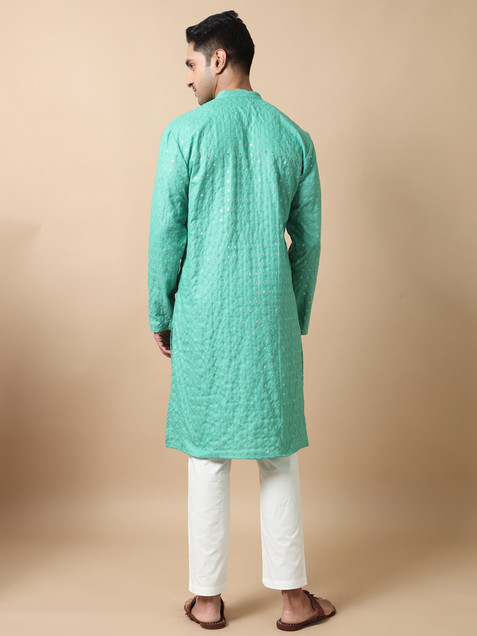 Green Sequence Embroidery Knee Length Kurta for Men