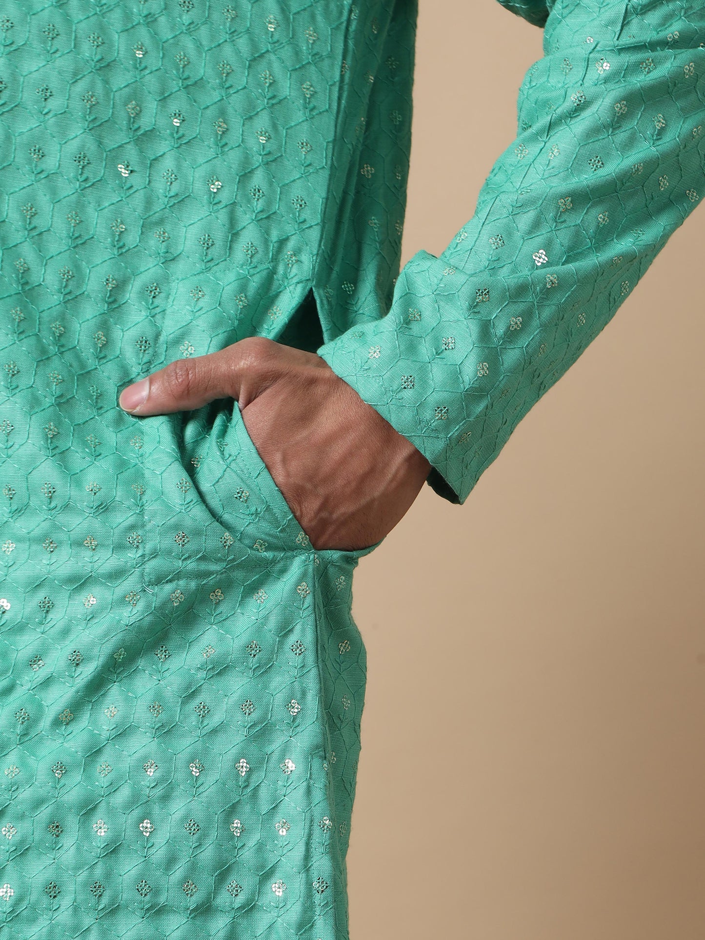 Green Sequence Embroidery Knee Length Kurta for Men