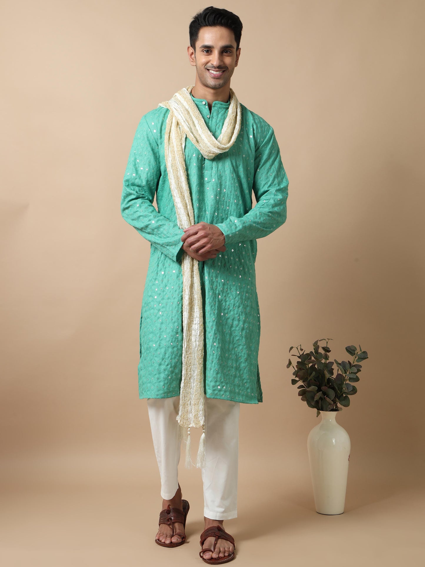 Green Sequence Embroidery Knee Length Kurta for Men