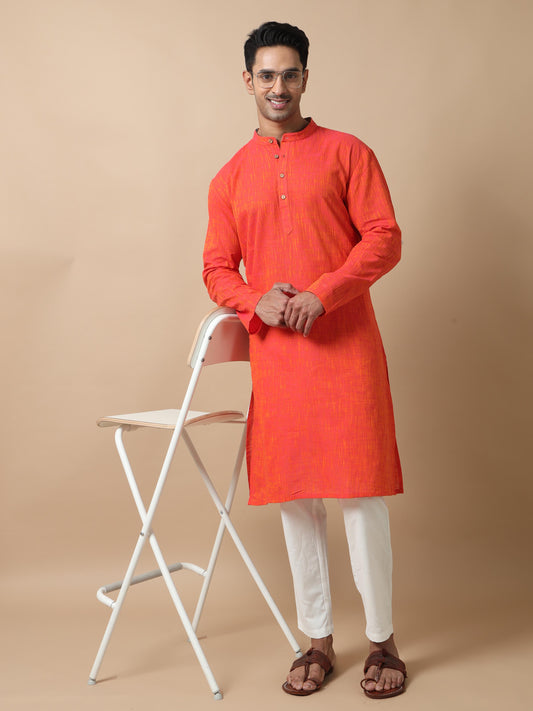 Orange Cotton Long Kurta For Men