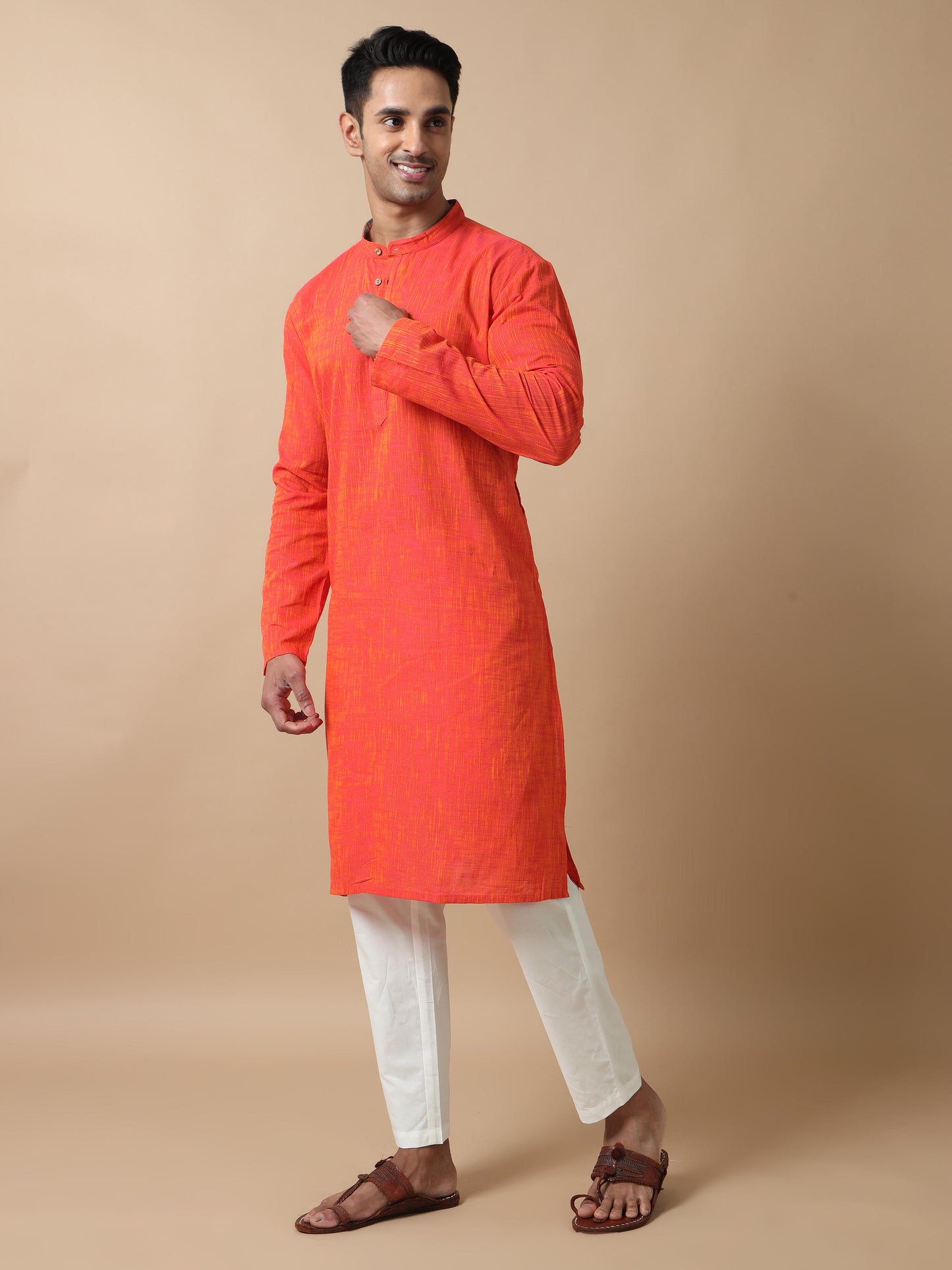 Orange Cotton Long Kurta For Men