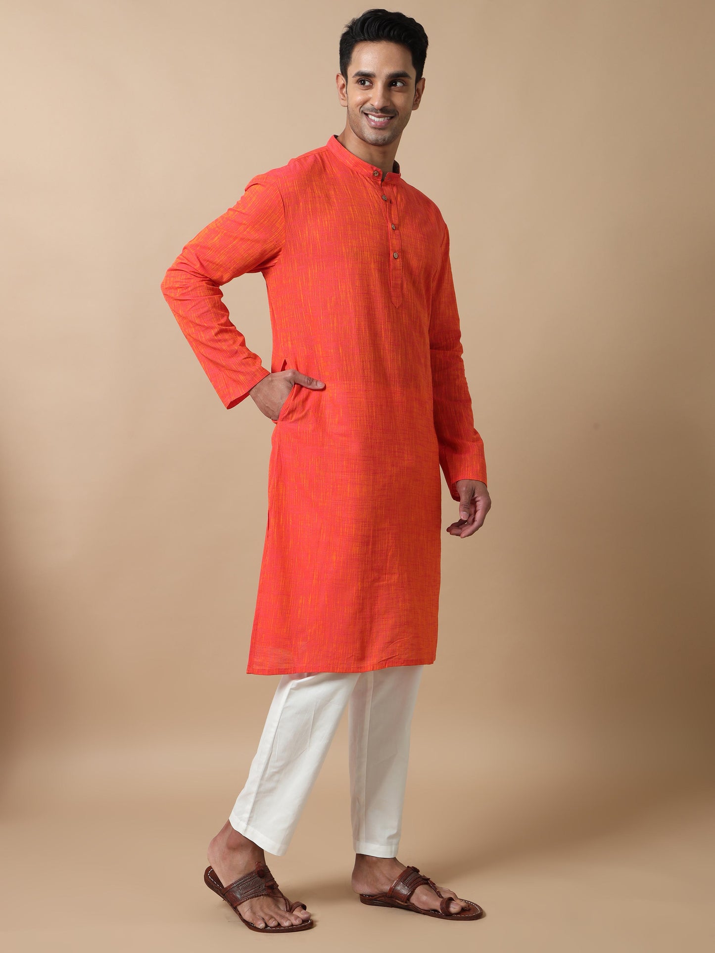 Orange Cotton Long Kurta For Men