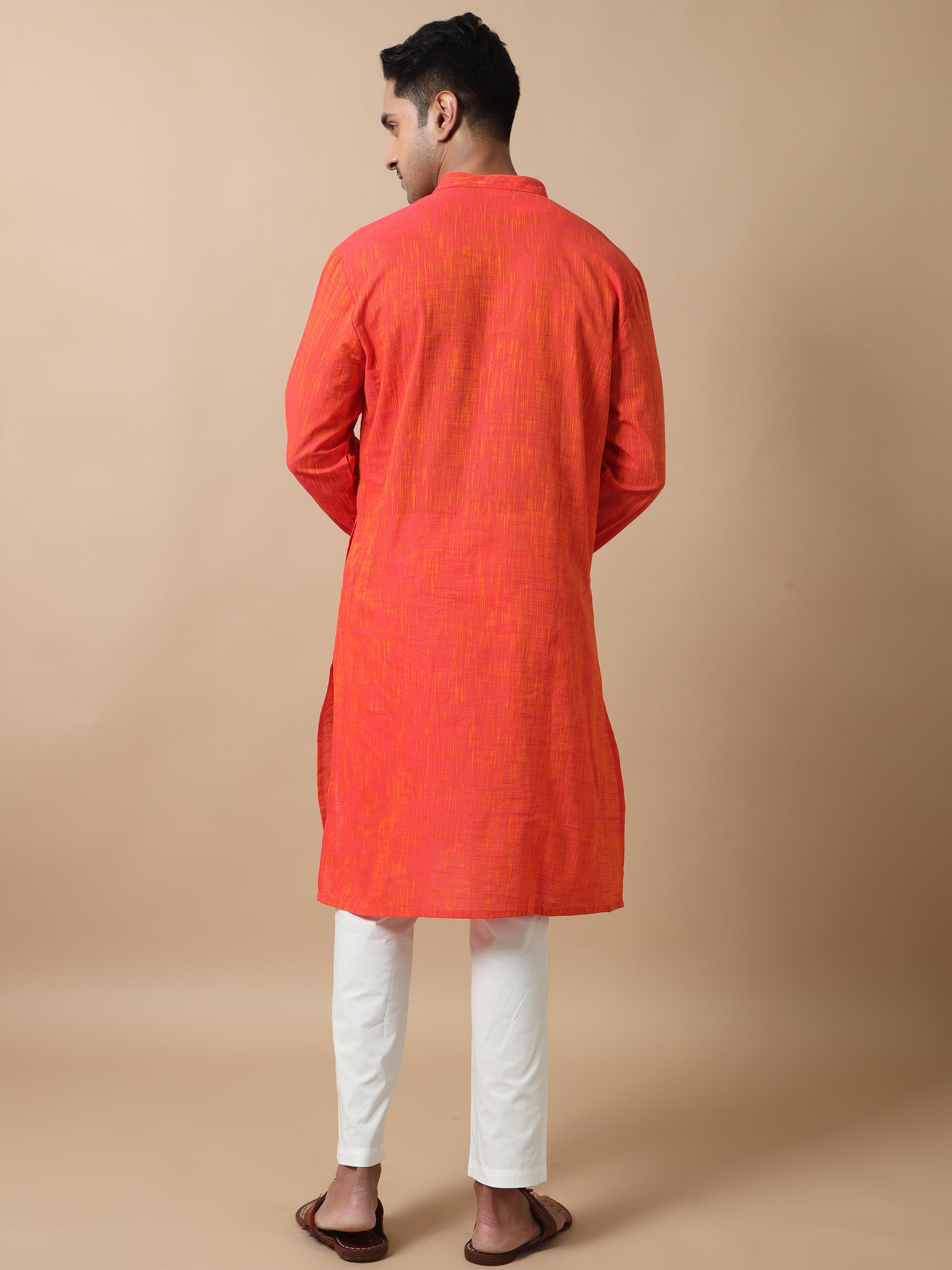 Orange Cotton Long Kurta For Men