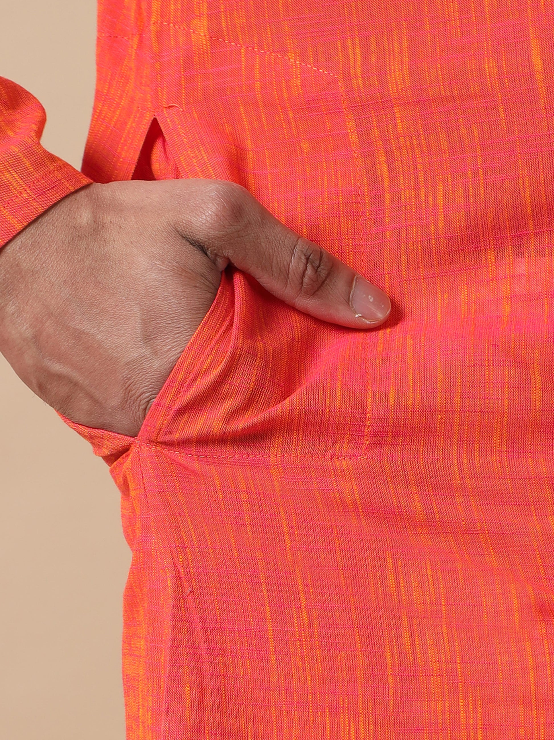 Orange Cotton Long Kurta For Men