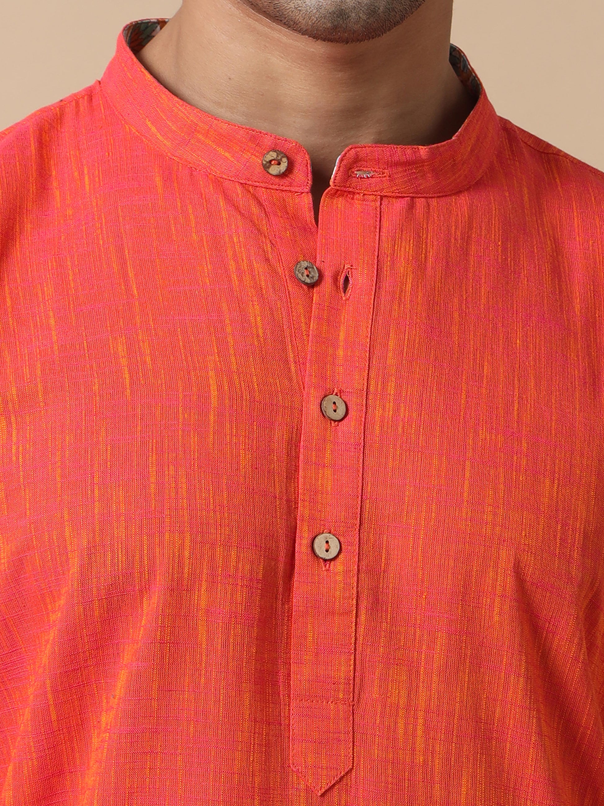 Orange Cotton Long Kurta For Men