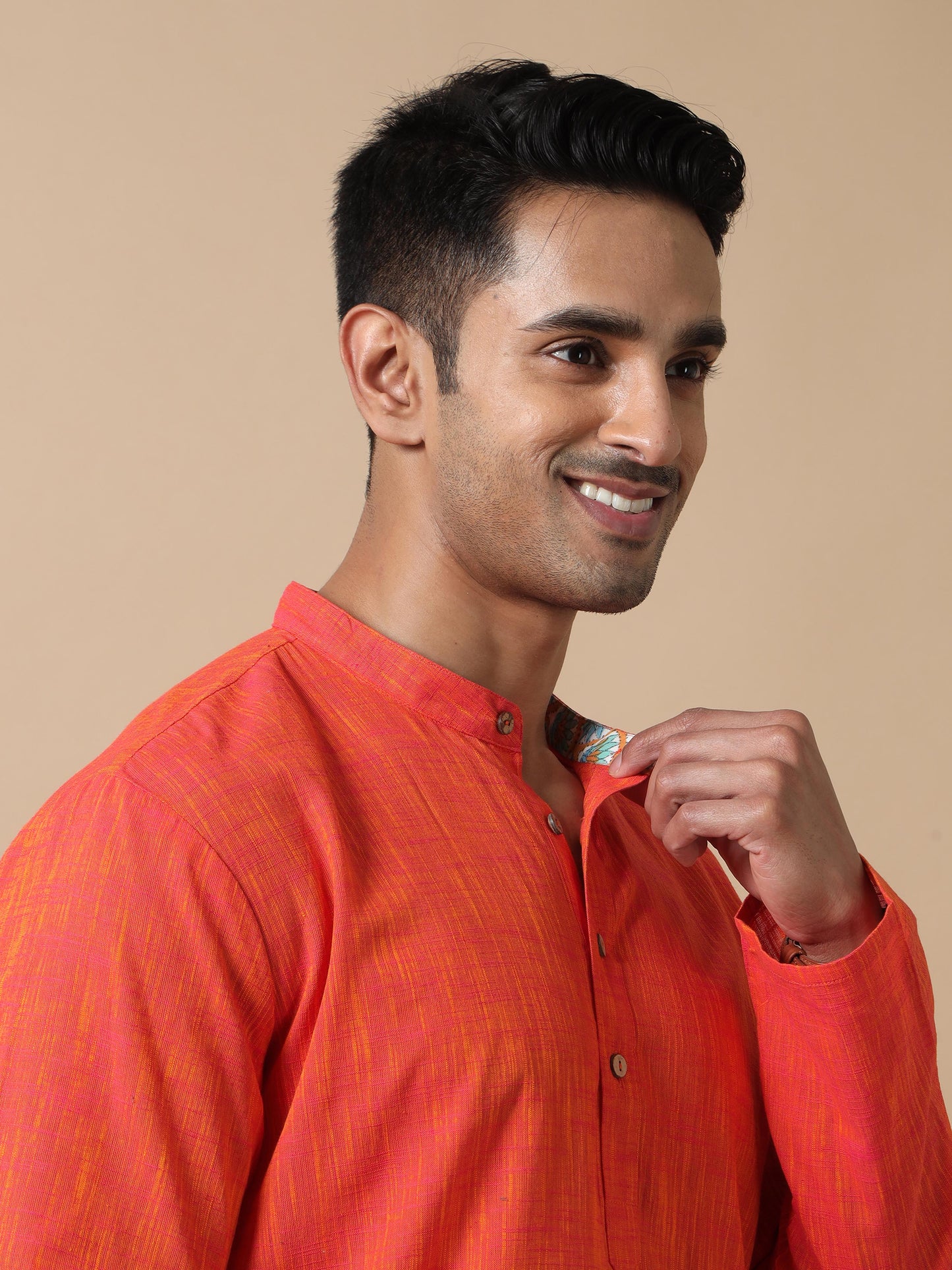 Orange Cotton Long Kurta For Men