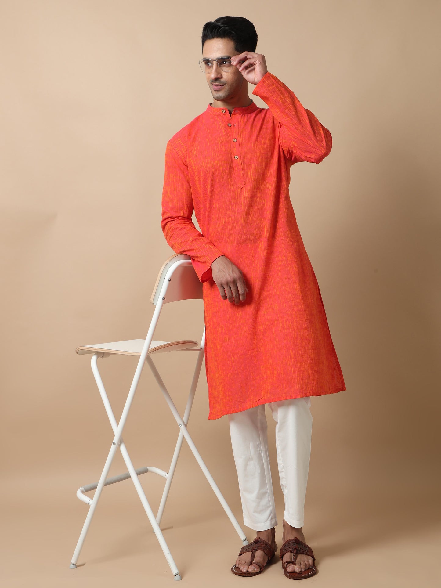 Orange Cotton Long Kurta For Men