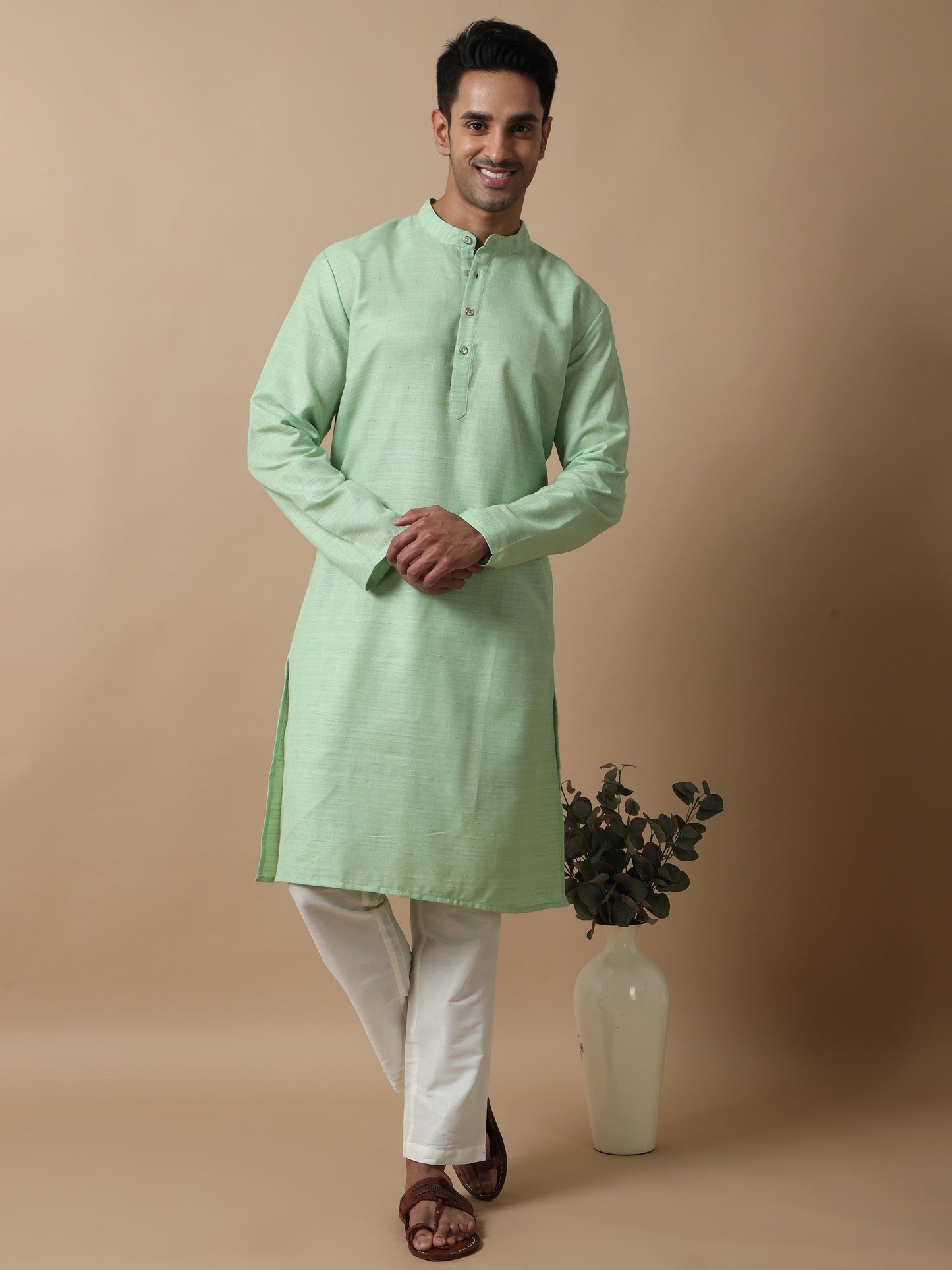 Pista Green Textured knee length kurta men