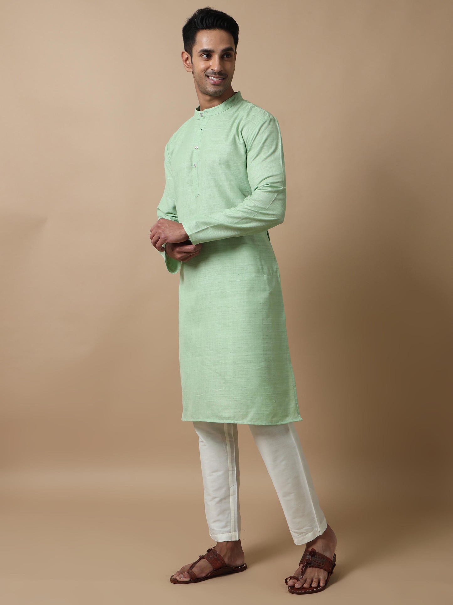 Pista Green Textured knee length kurta men