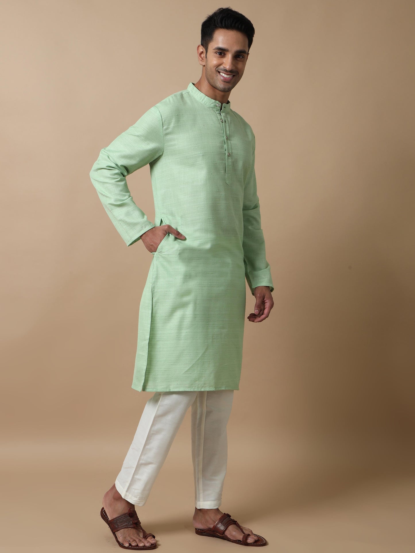 Pista Green Textured knee length kurta men