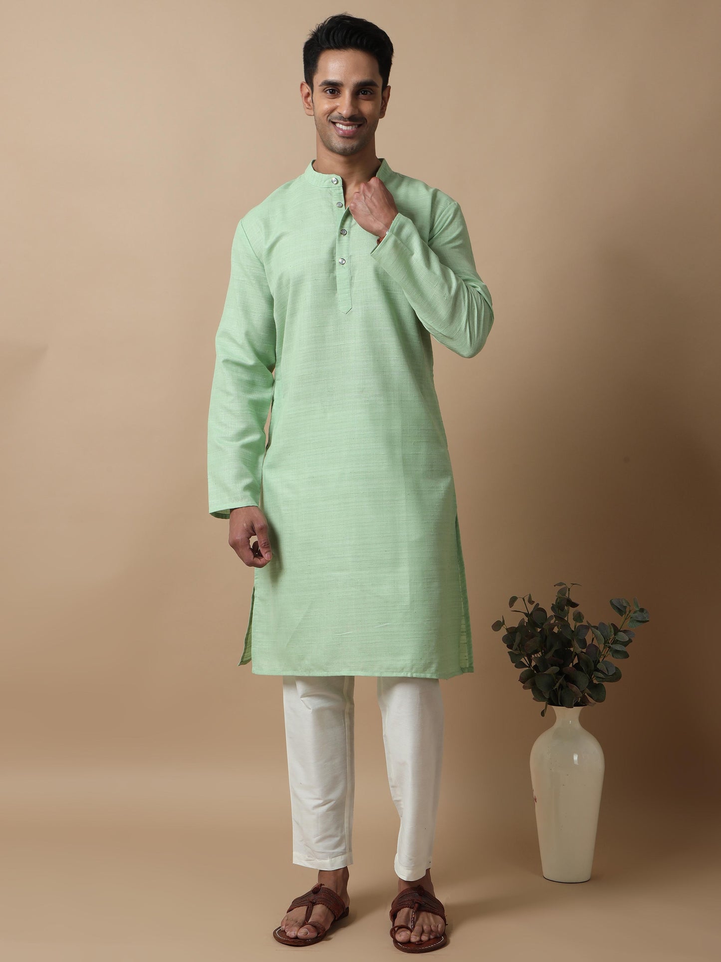 Pista Green Textured knee length kurta men