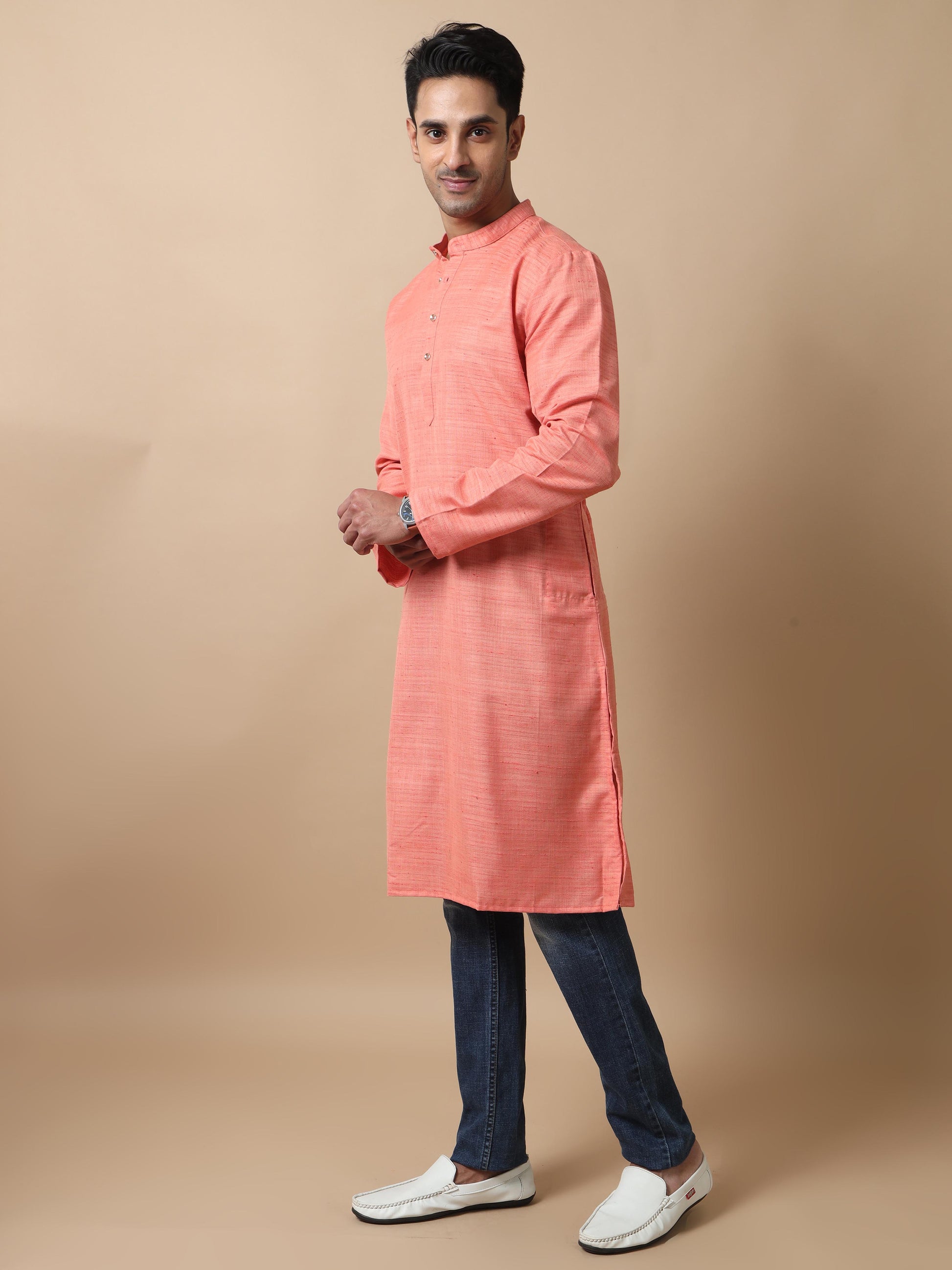 Peach Textured long kurta for men stylish