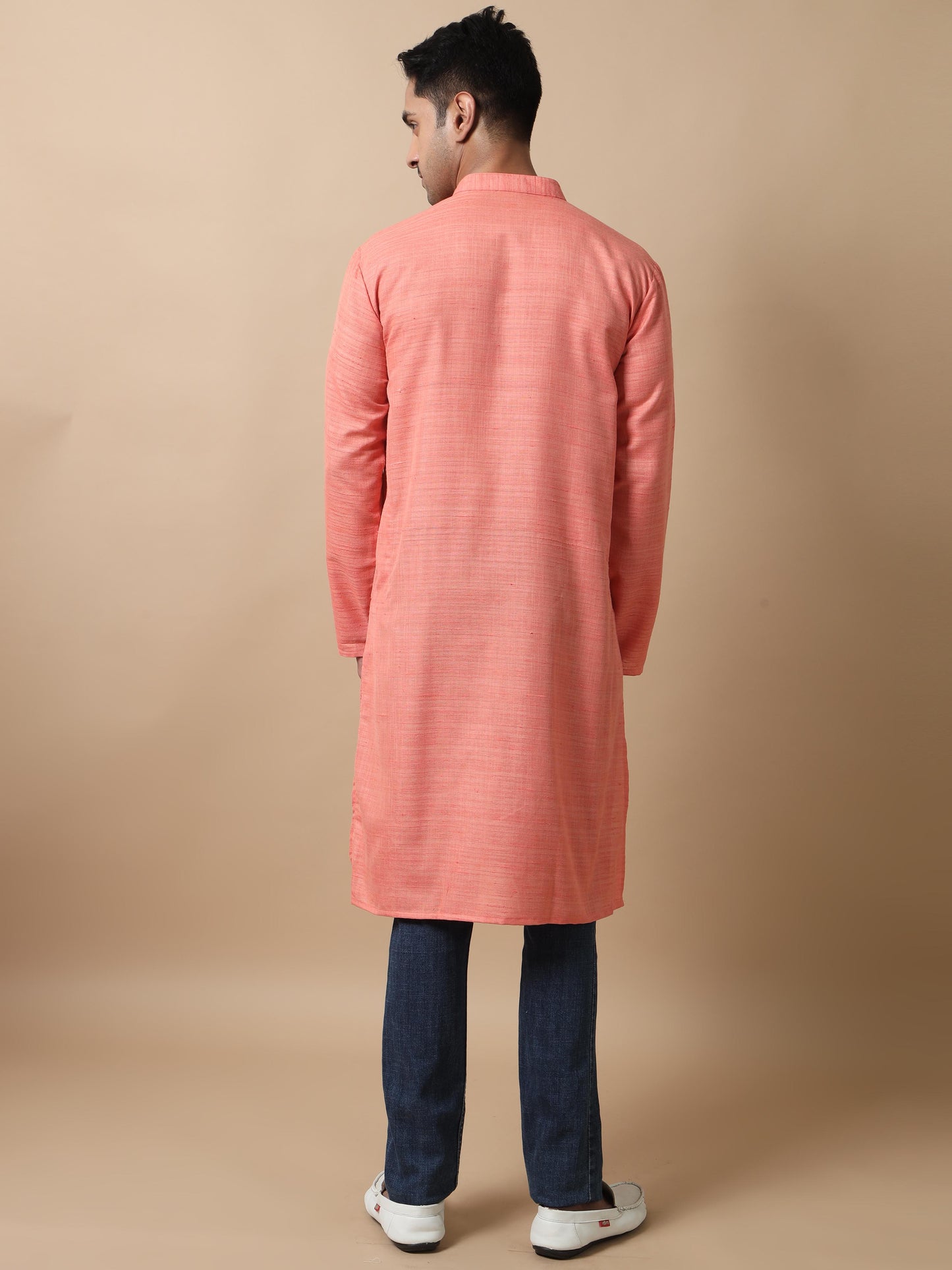 Peach Textured long kurta for men stylish